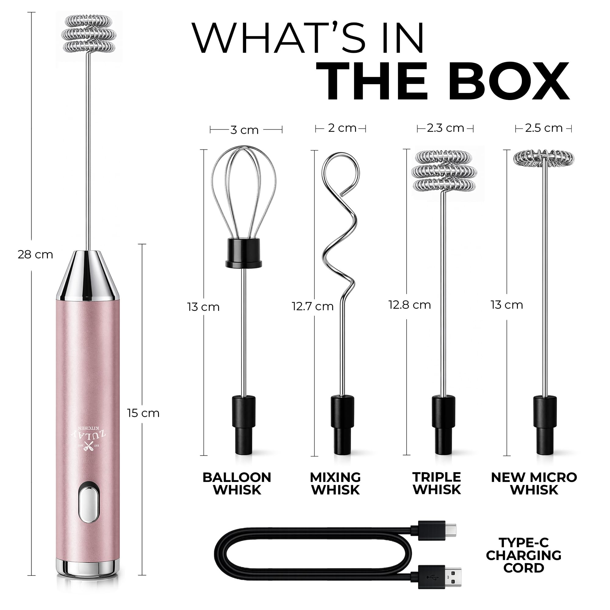 Zulay Kitchen Espumador de leche recargable de metal, 3 accesorios de batidor de mano, carga USB-C de 1800 mAh, mezclador eléctrico de bebidas para proteínas, matcha y polvos, una carga dura hasta 6