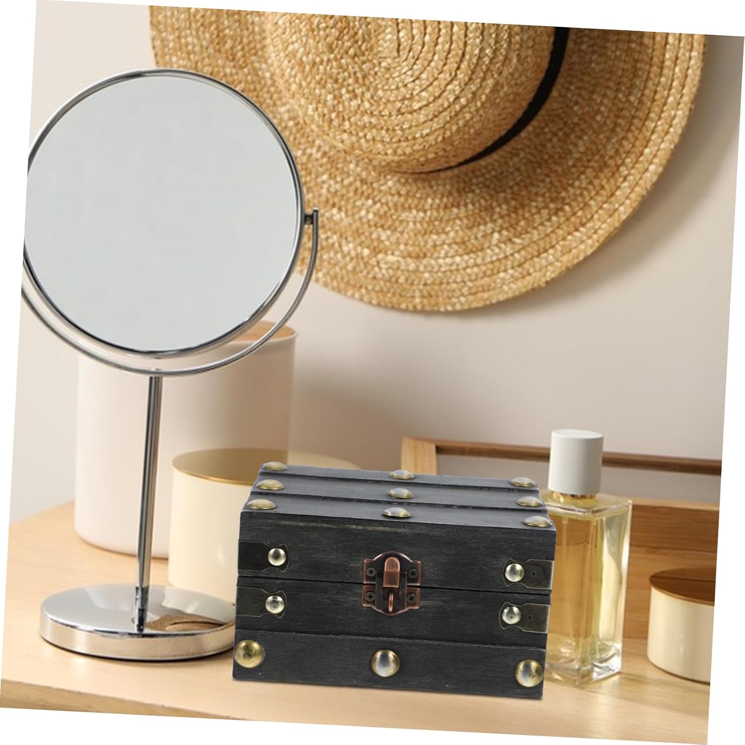 Cabilock Retro Wooden Jewelry Box Pirate Treasure Chest Vintage Trinket Organizer Wooden Storage Box Combination Lock