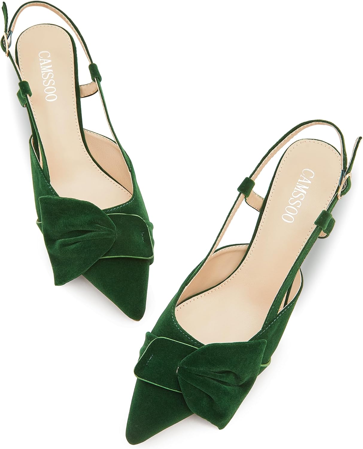 CAMSSOO Slingback Kitten Heels for Women Suede Bow Closed Pointed Toe Pumps Low Heel Dress Shoes Wedding Party Office - Image 6