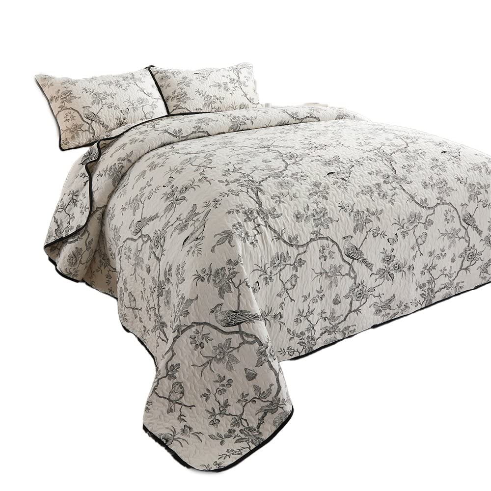 Easylife Lifestyle Solutions Charcoal Grey Easylife Bird Song Bedspread, 100% Cotton Filling, Floral, Quilted, Light, Machine Washable, 190 X 250Cm - Fully Guaranteed | Single