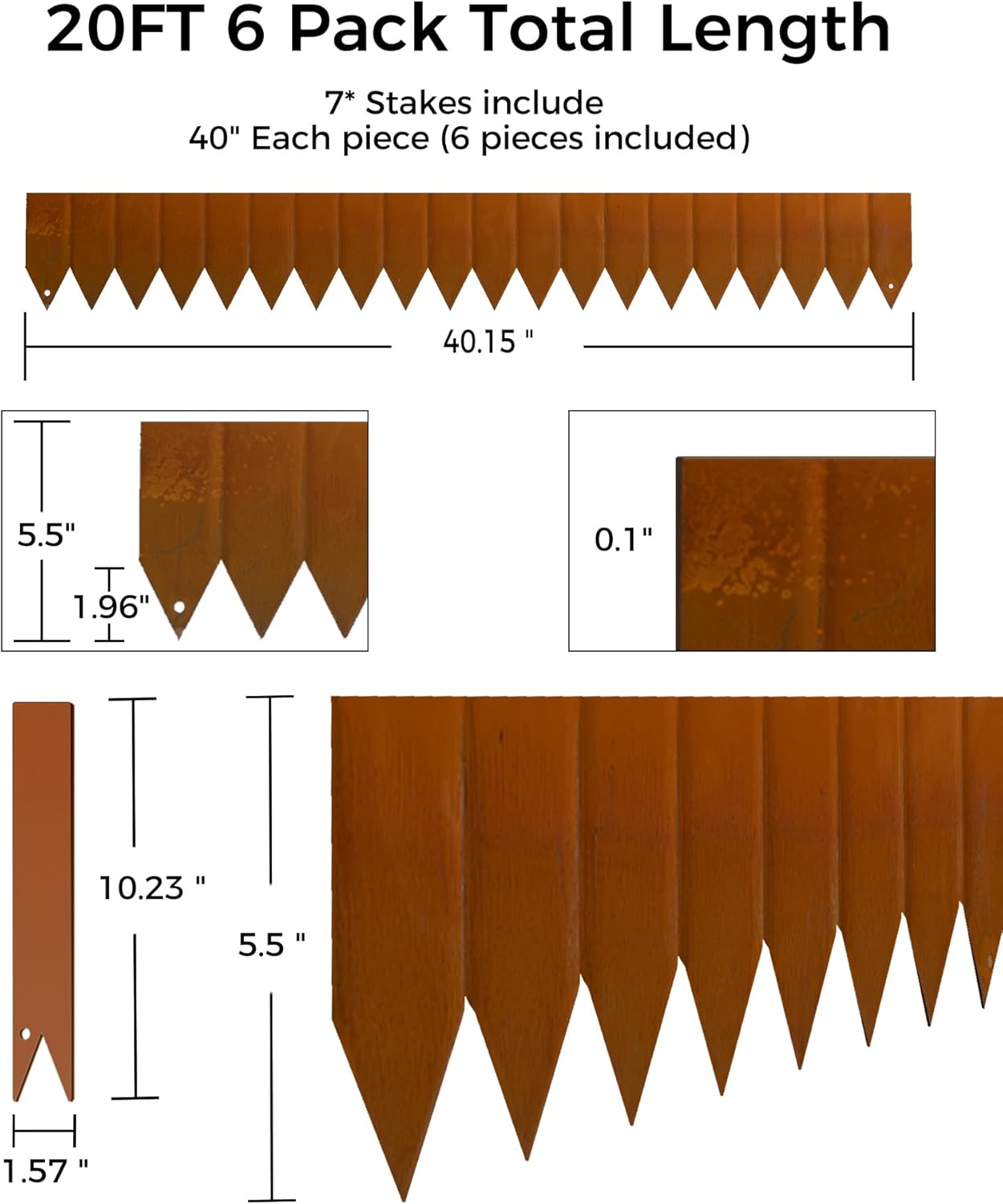 6 Pack 5.5" H x 40" L Garden Metal Landscape Edging Border with Pre-Rusted, No-Dig Hammer-in (20FT Total)