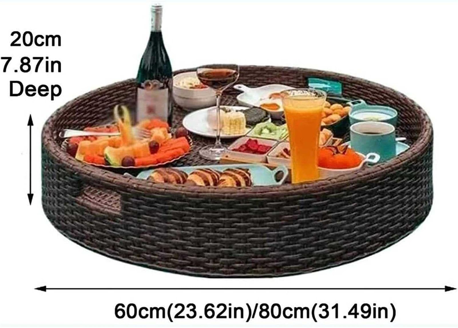Plateau de Service tissé en rotin, Plateau Flottant pour Piscine, Porte-Boisson de Bar de 60 cm/80 cm, Plateau de Piscine pour salades et Glaces Flottant pour Le Camping et Les réunions de f