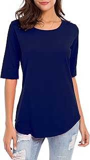 Womens Elbow Length Sleeve Tops Summer Fashion Cotton Blouses Casual Tunic Tee Shirts