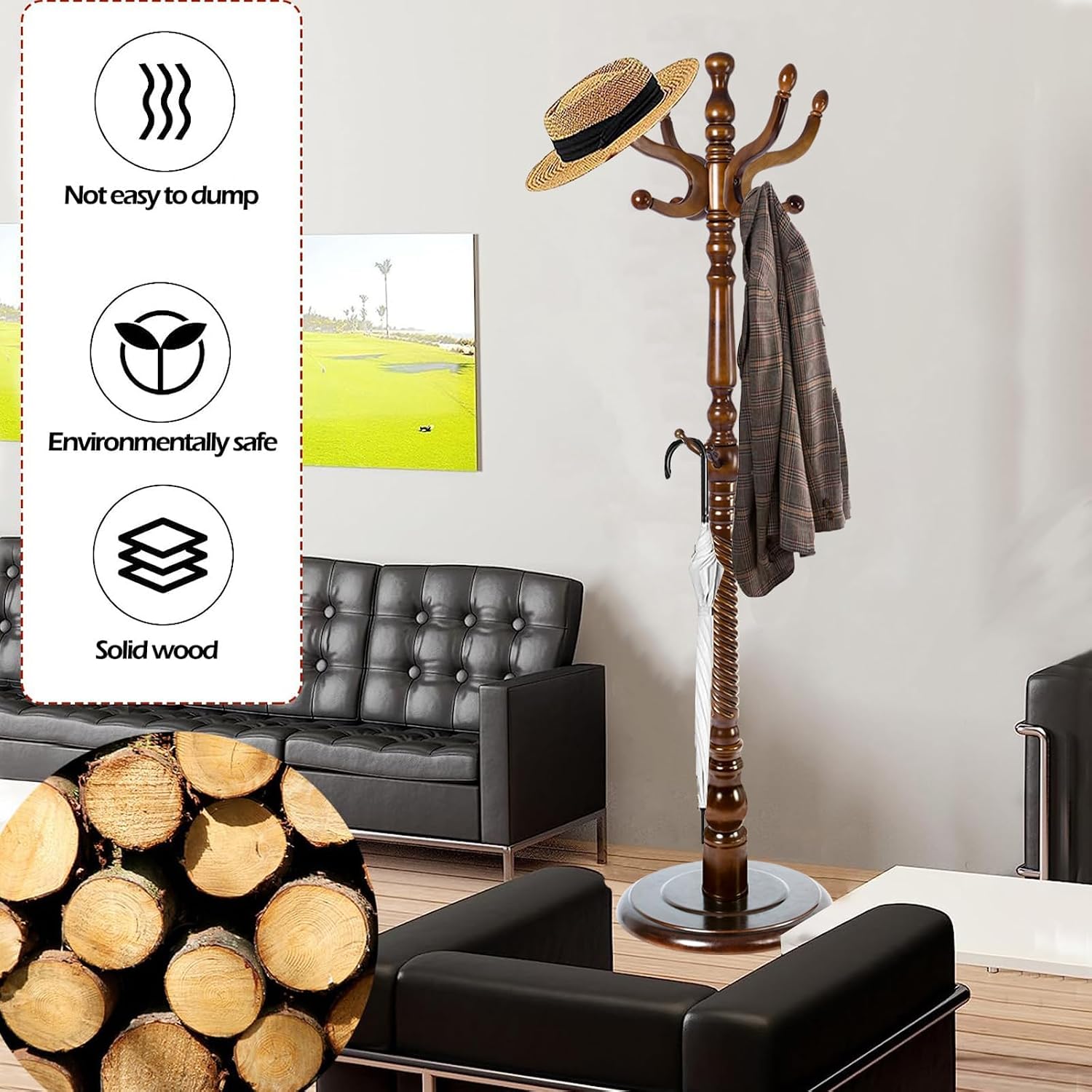 Coat Racks Free Standing with 14 Hooks, Natural Wood Coat Stands for Entryway, Adjustable Height 73 in Tree Coat Rack Stand for Hallway Home Office Bedroom (Dark Brown) image 2