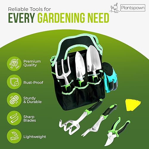 Miniatura 4 de Juego de 8 herramientas de jardinería con bolsa, herramientas de mano resistentes al óxido con asas de plástico, incluye 15 etiquetas para plantas,
