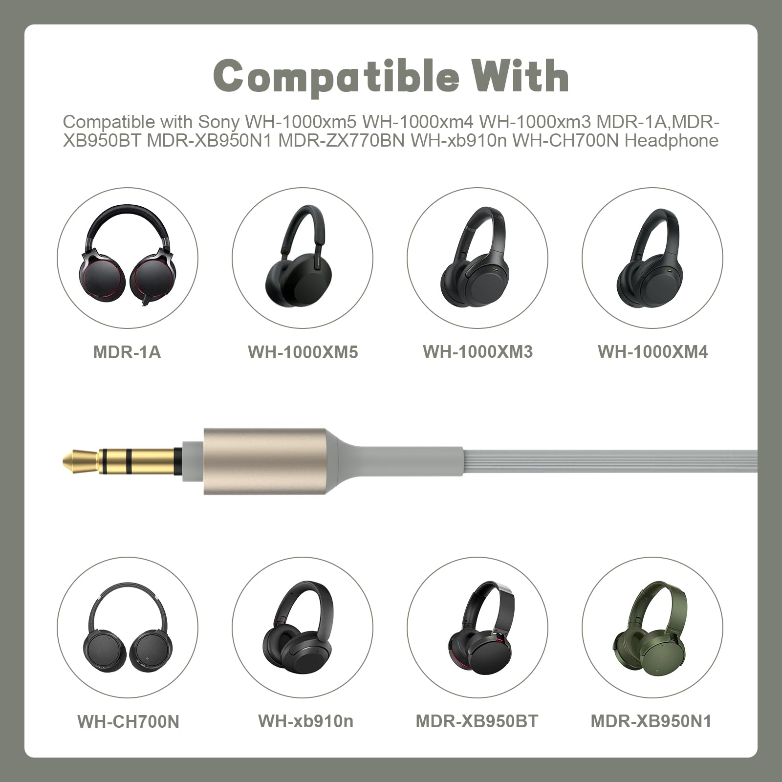 Cable de audio de repuesto WH-1000XM5 WH-1000XM4 para auriculares compatible con Sony MDR-1000X MDR-XB950BT WH-1000XM2 WH-1000XM3 WH-CH700N MDR-100ABN MDR-1ADAC MDR-XBBB950BT 950N1 Auriculares (gris)