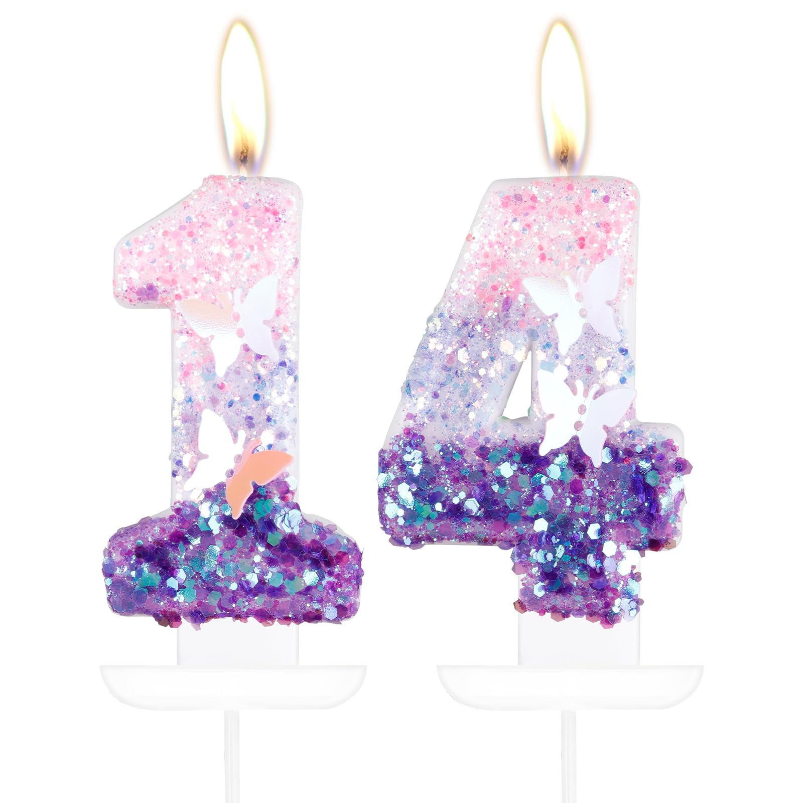 Schmetterling Zahl 14 Kerzen für Kuchen, 14 Geburtstag Schmetterling Kuchen Kerzen Cake Topper Mädchen 14 Geburtstag Kuchen Dekorationen, Lila Rosa Schmetterling Geburtstagskerzen, Lila Schmetterling