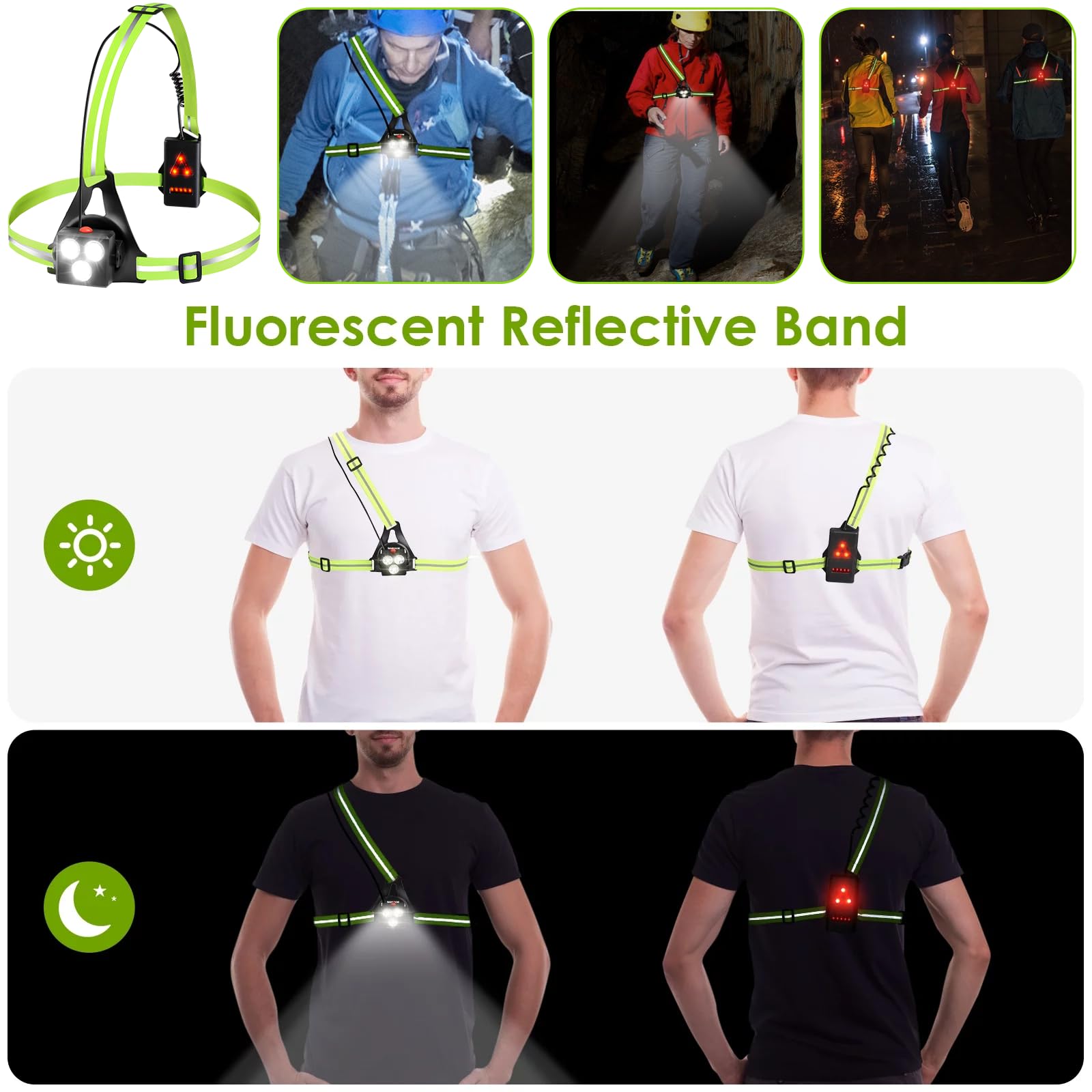 Nizirioo Luce da corsa con riflettori, lampada toracica ricaricabile USB, corsa con 3 modalità di luce, impermeabile, con luce posteriore rossa, per corsa, campeggio, escursionismo, jogging