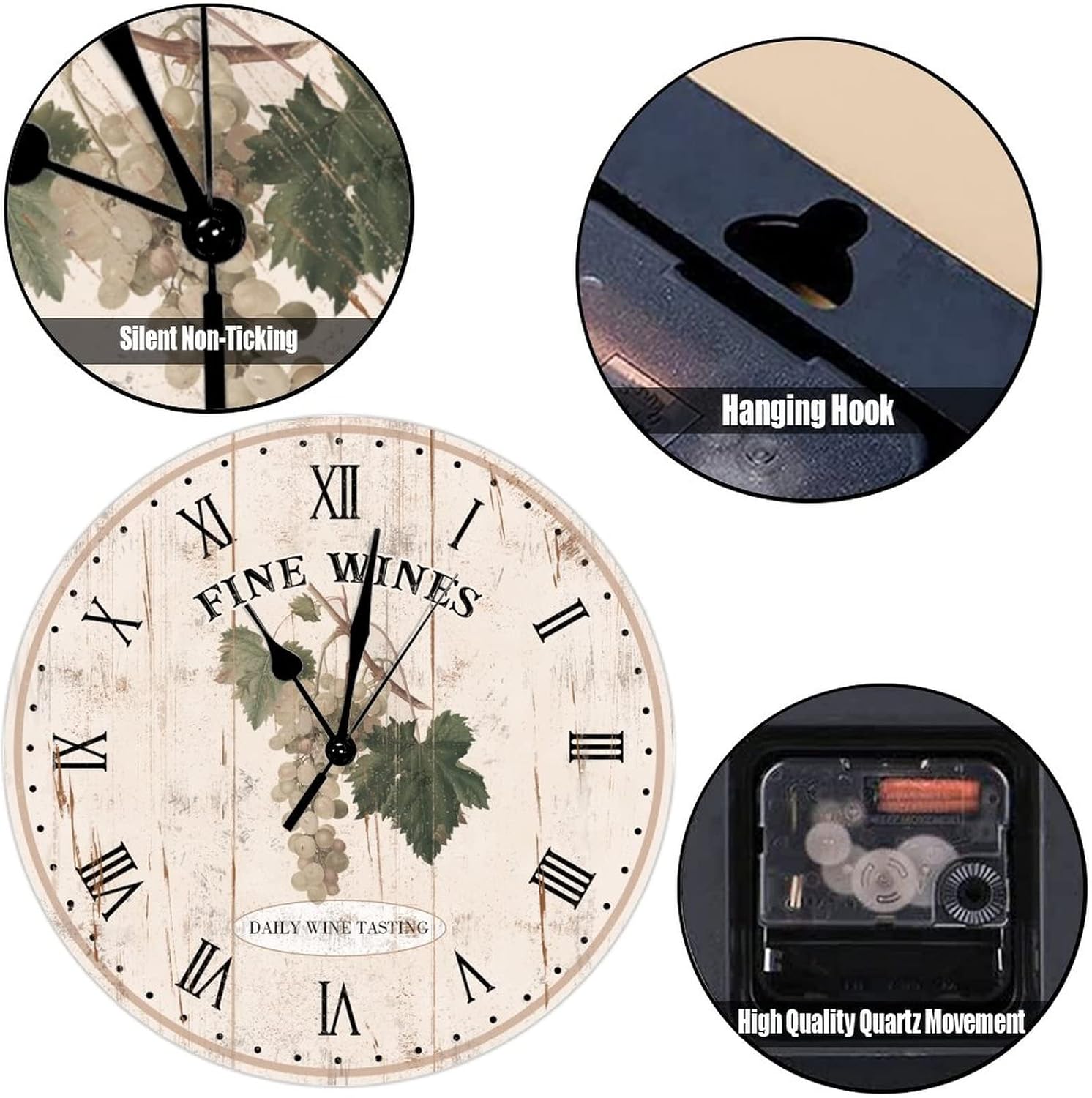 Wine Grapes Wooden Decorative Wall Clock Grape Daily Wine Tasting Wall Clocks Silent Non-Ticking Wall Clock 12Inch Round Wall Clock Rustic for Kitchen Dinning Room Birthday Housewarming Gift