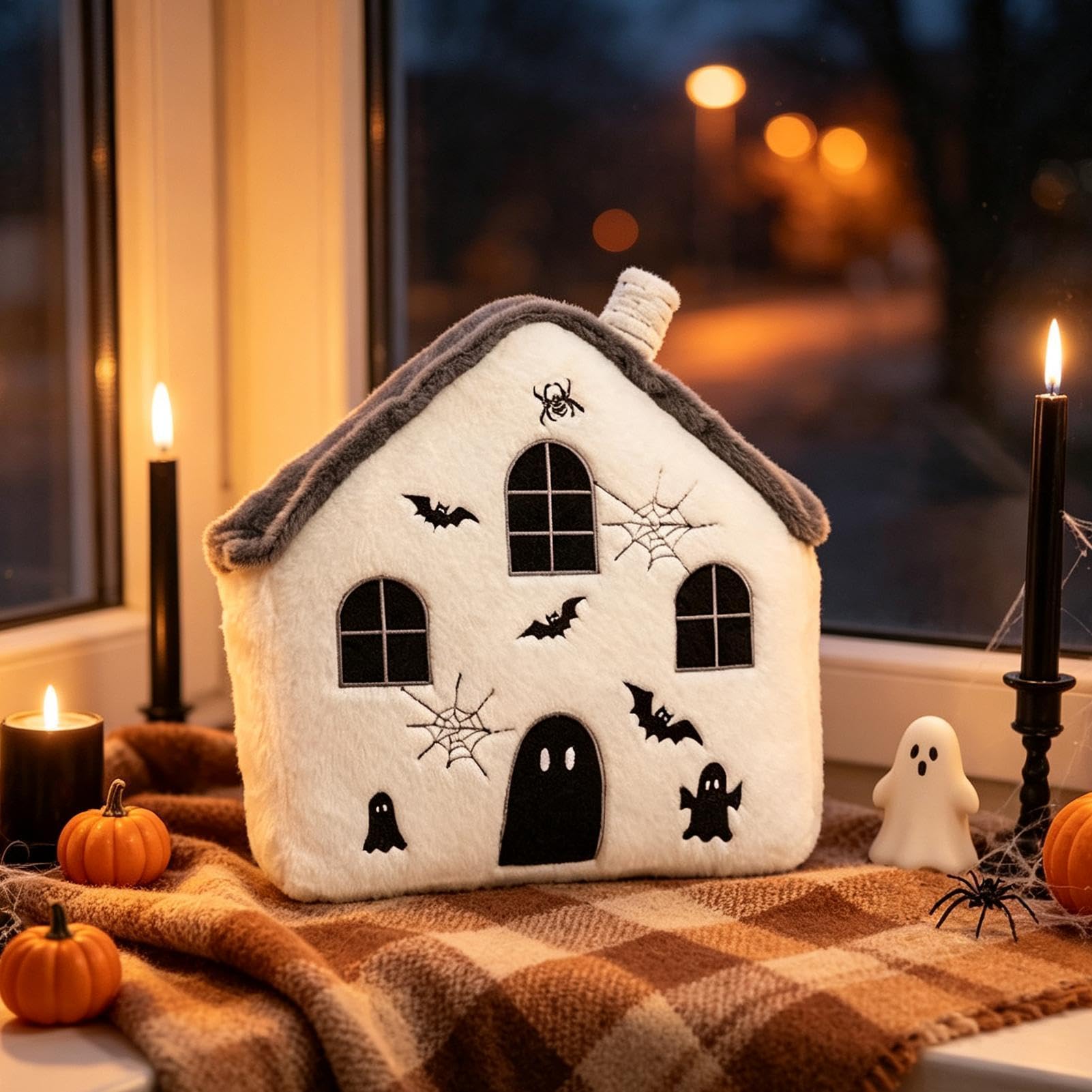 Generisch Cojín de peluche de Halloween con casa embrujada en 3D