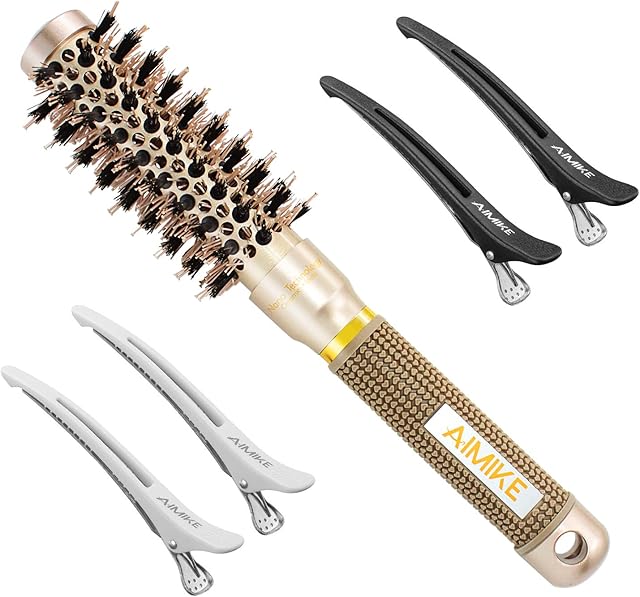 AIMIKE Round Hair Brush, Nano Thermal Ceramic & Ionic Tech Hair Brush, Small Round Brushes w/ Boar Bristles for Blow Drying, Enhance Texture for Hair Drying, Styling, Curling and Shine (Barrel 1 inch)