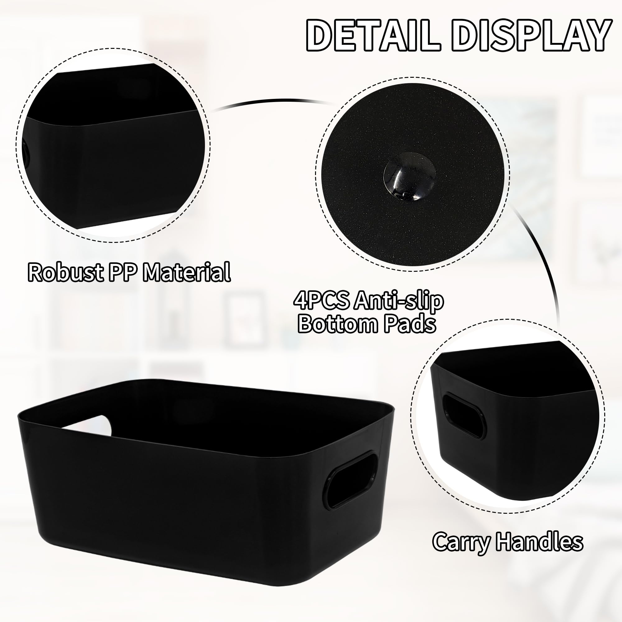 LYLIDIA 10 unidades de cajas de almacenamiento de plástico de 30 cm, color negro, cesta de almacenamiento grande, caja de plástico, para cuarto de baño, armario de cocina, estantería, cajas