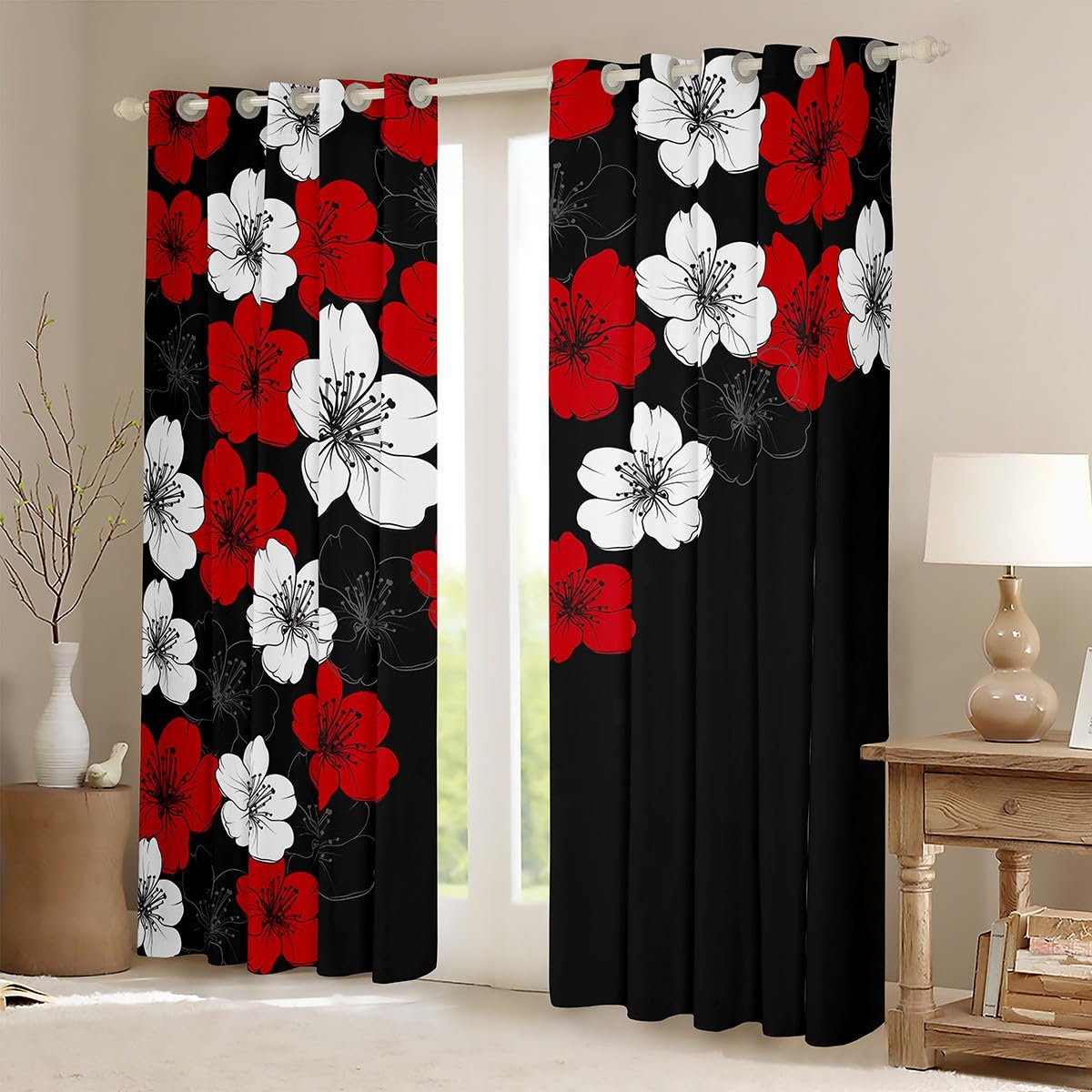 Feelyou Floral Darkening Drapes Kids Red Flowers Curtains for Bedroom Living Room Botanical 30%-50% Blackout Curtains Red White Window Treatments(2 Panels, 42 x 84 Inch)