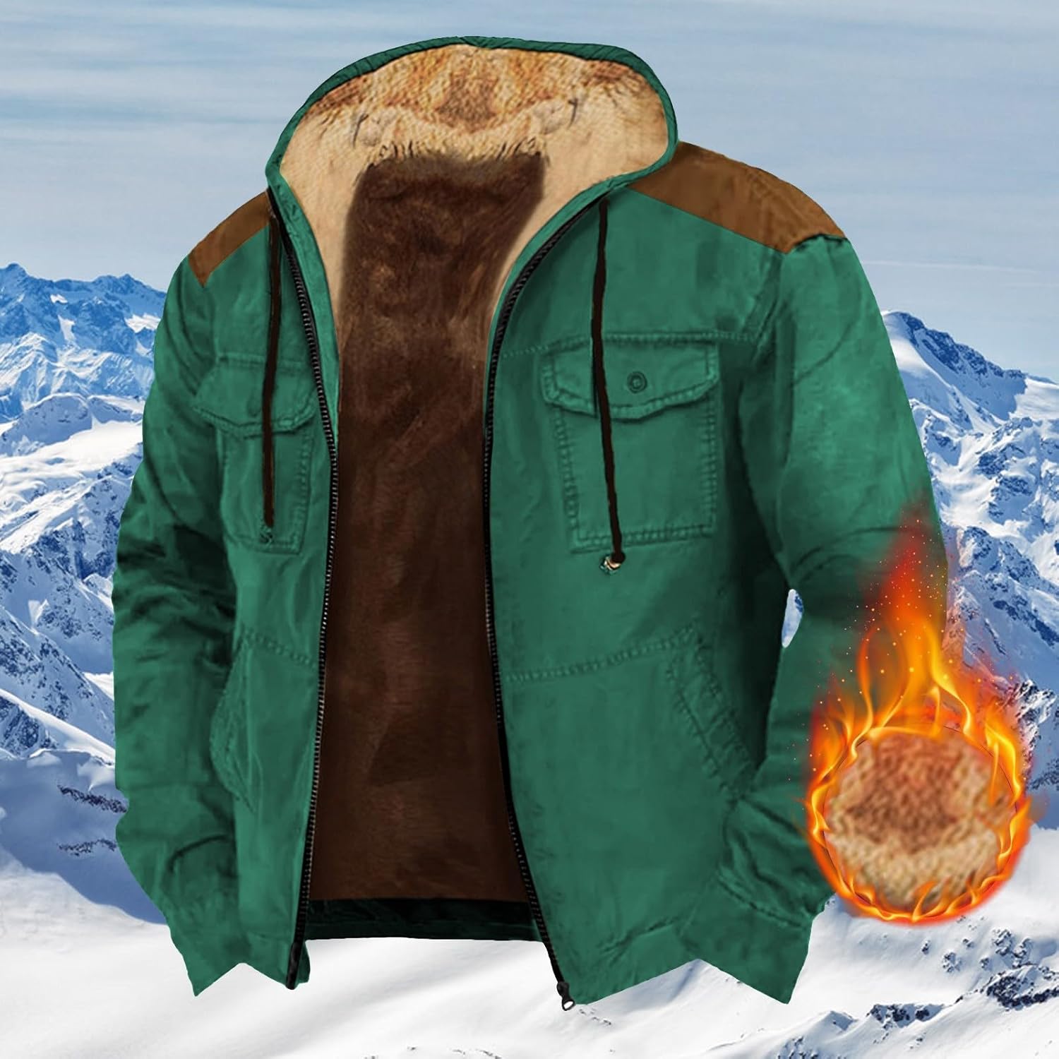 Fleece Lined Jacket Men Cargo Sherpa Hooded Jackets Winter Warm Long Sleeve Full Zip Hoodies with Flap Pockets