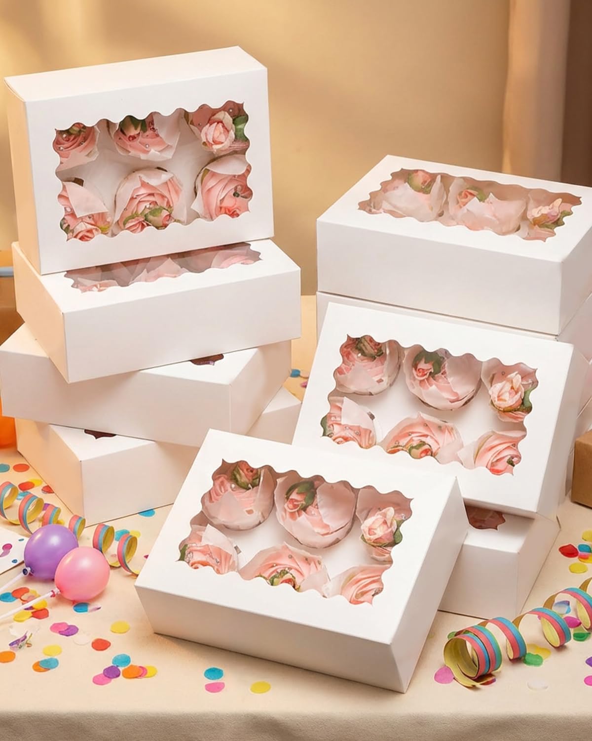 Gcardist Confezione da 6 scatole per cupcake auto-pop up bianche con finestra, 30 confezioni di scatole per cupcake 23,88 x 15,49 x 8,38 cm, scatole da forno per cupcake, contenitori per cupcake (23,9
