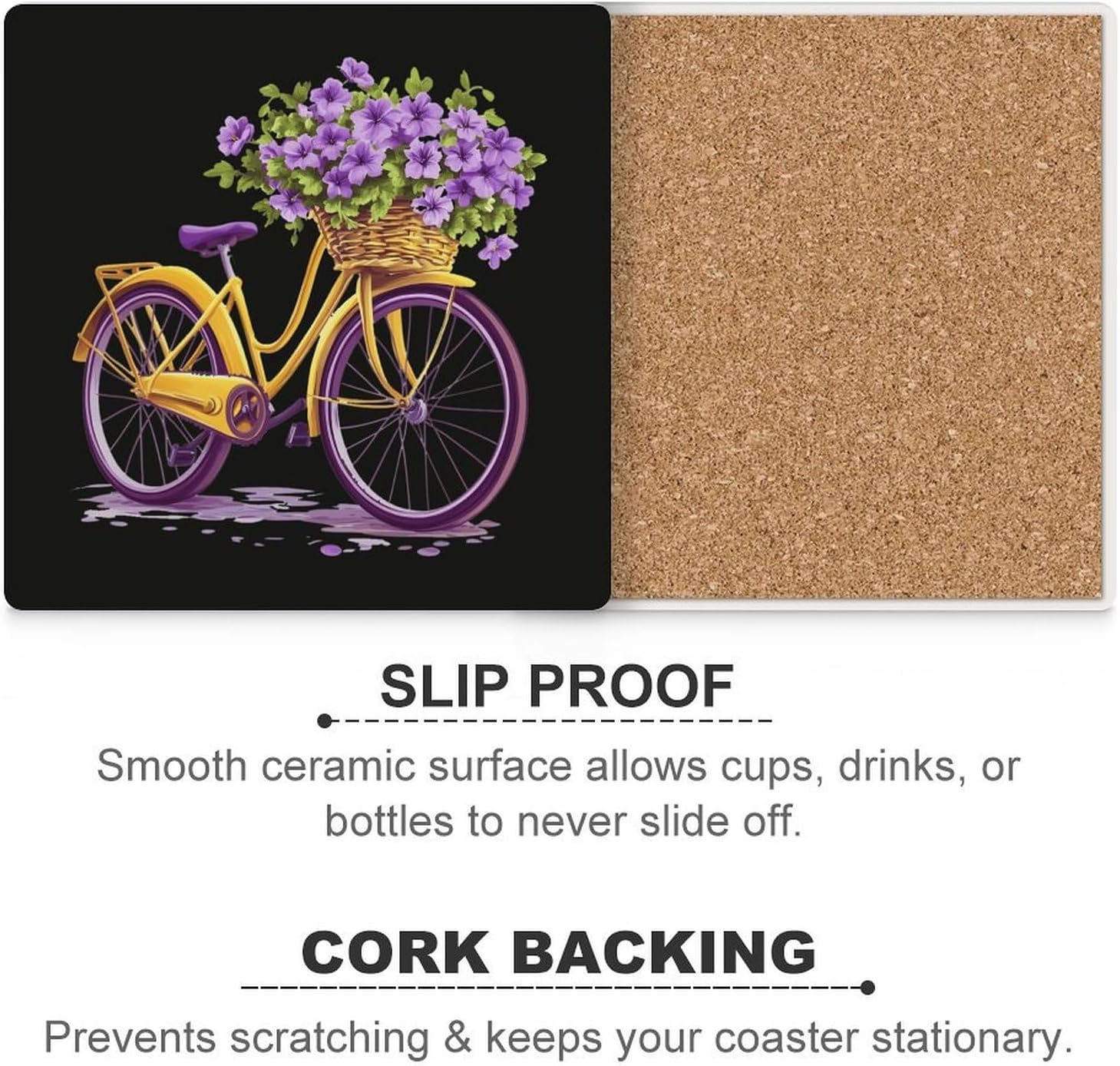 Yellow Bicycle with Flower Coasters for Drinks Square Table Coasters Set Cup Mats with Cork Base
