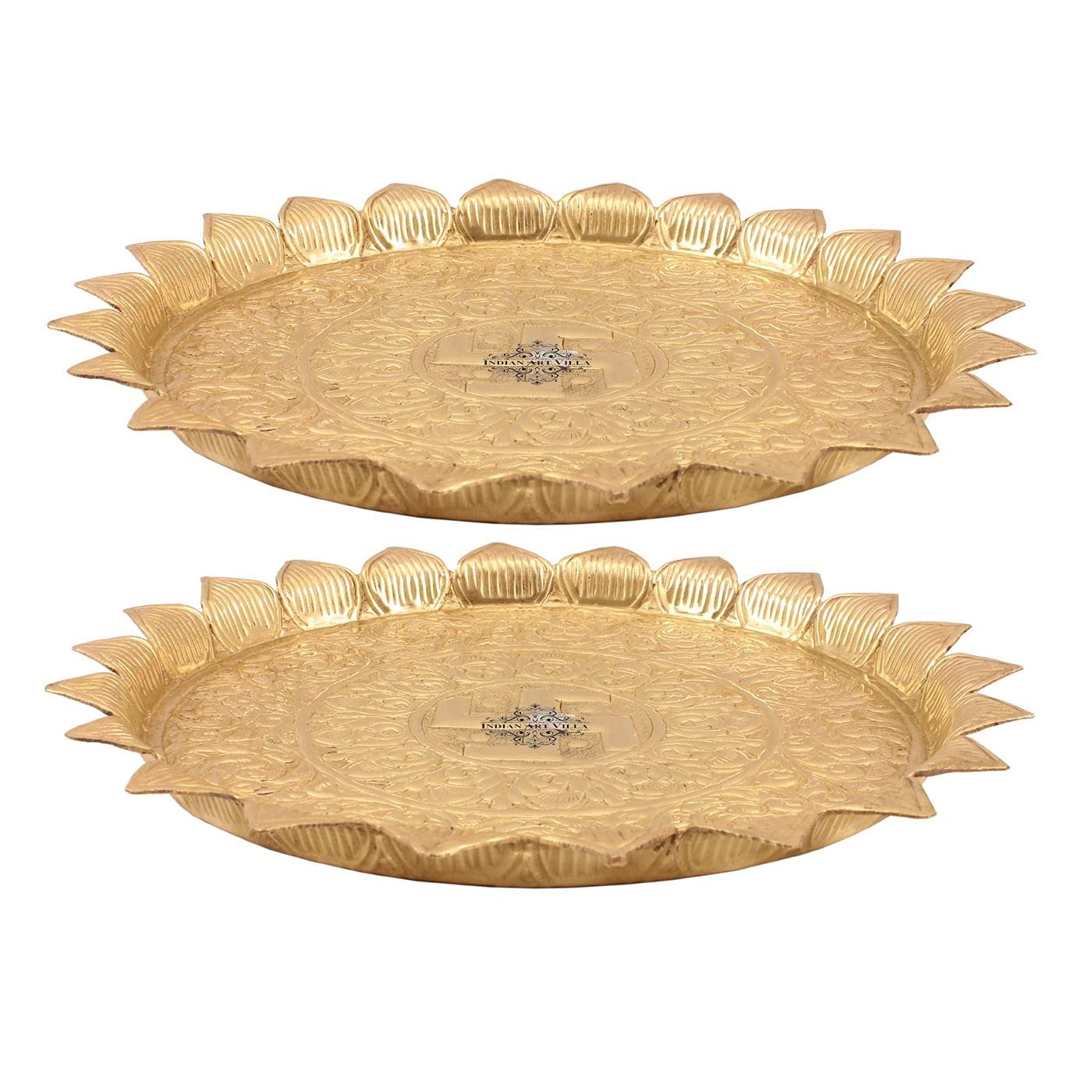 INDIAN ART VILLA Pure Brass Pooja Decorative Thali Plate with Sathiya Floral Embossed Leaf Edge Design, Diameter-13.2" Inches, Pack of 2 (B09HS3FC85) Amazon Price History, Amazon Price Tracker
