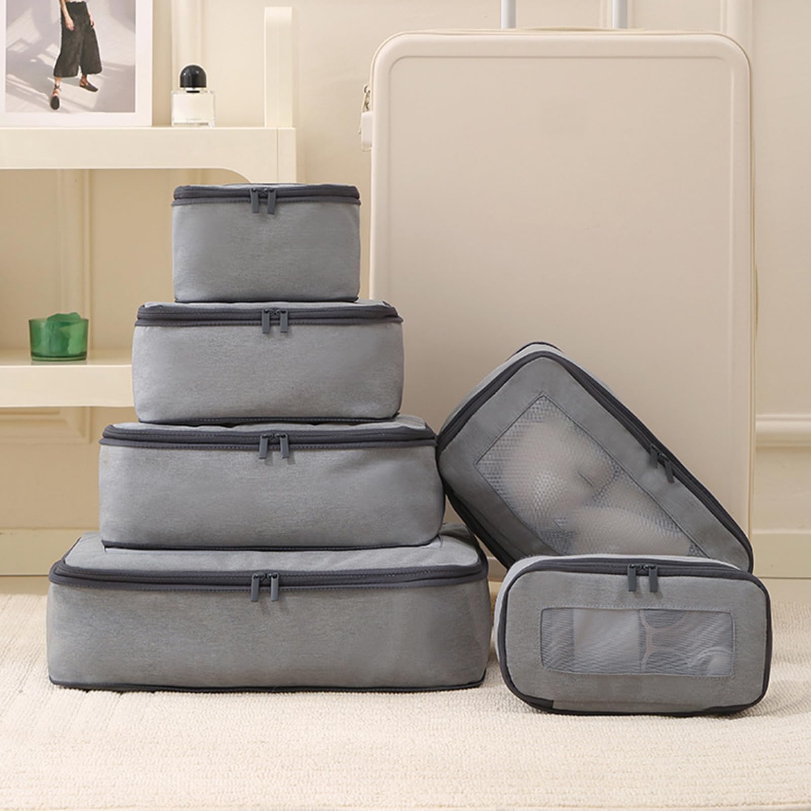 Set di 6 cubi da viaggio salvaspazio per bagagli, beige | Organizzatori per l'imballaggio efficiente di risparmio di spazio per le donne