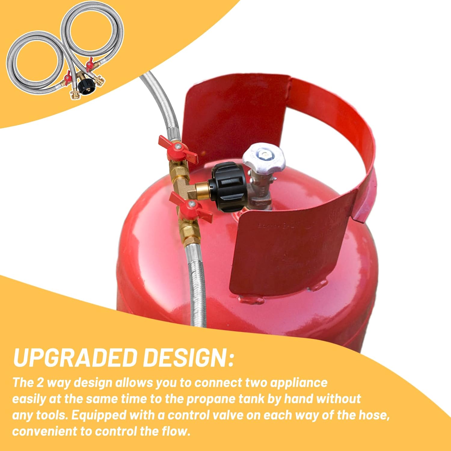 Propane Y Splitter Hose 2 Way Stainless Steel Braided Y Splitter CGA Propane Tank Converter Adapter Hose 5 FT Propane Hose Adapter 1lb to 20lb for QCC1/Type1 20lbs Tank, Camping Stove,Gas Grill,Heater