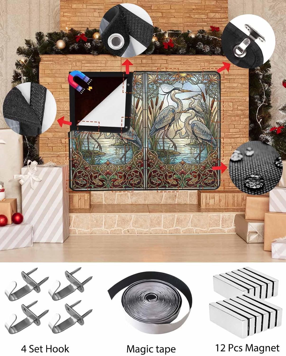 Vintage Cranes Magnetic Fireplace Cover, Fireplace Draft Blocker, Country Retro Chic Glass Flower Textured Fireplaces Blanket for Heat Loss/Cold Air, Fireplaces Draft Stopper Cover for Inside 36"x30"
