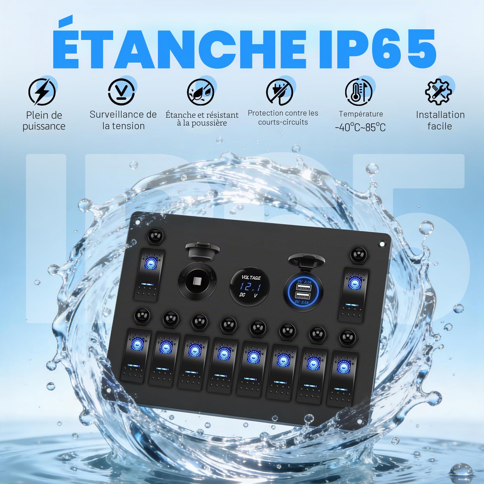 Geloo Panneau de Commutation à Bascule à 10 Gang 12 V 24 V Interrupteur à Bascule Étanche avec Disjoncteur Voltmètre Prise Allume-cigare Double Chargeur USB