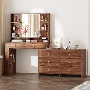 Ieejdn Makeup Vanity Desk with Mirror and Lights, Vanity Desk with 8 Drawers & Storage Shelves, Vanity Table with Power Outlet, 3 Color Modes & Adjustable Brightness Dressing Table, Bedroom,Brown