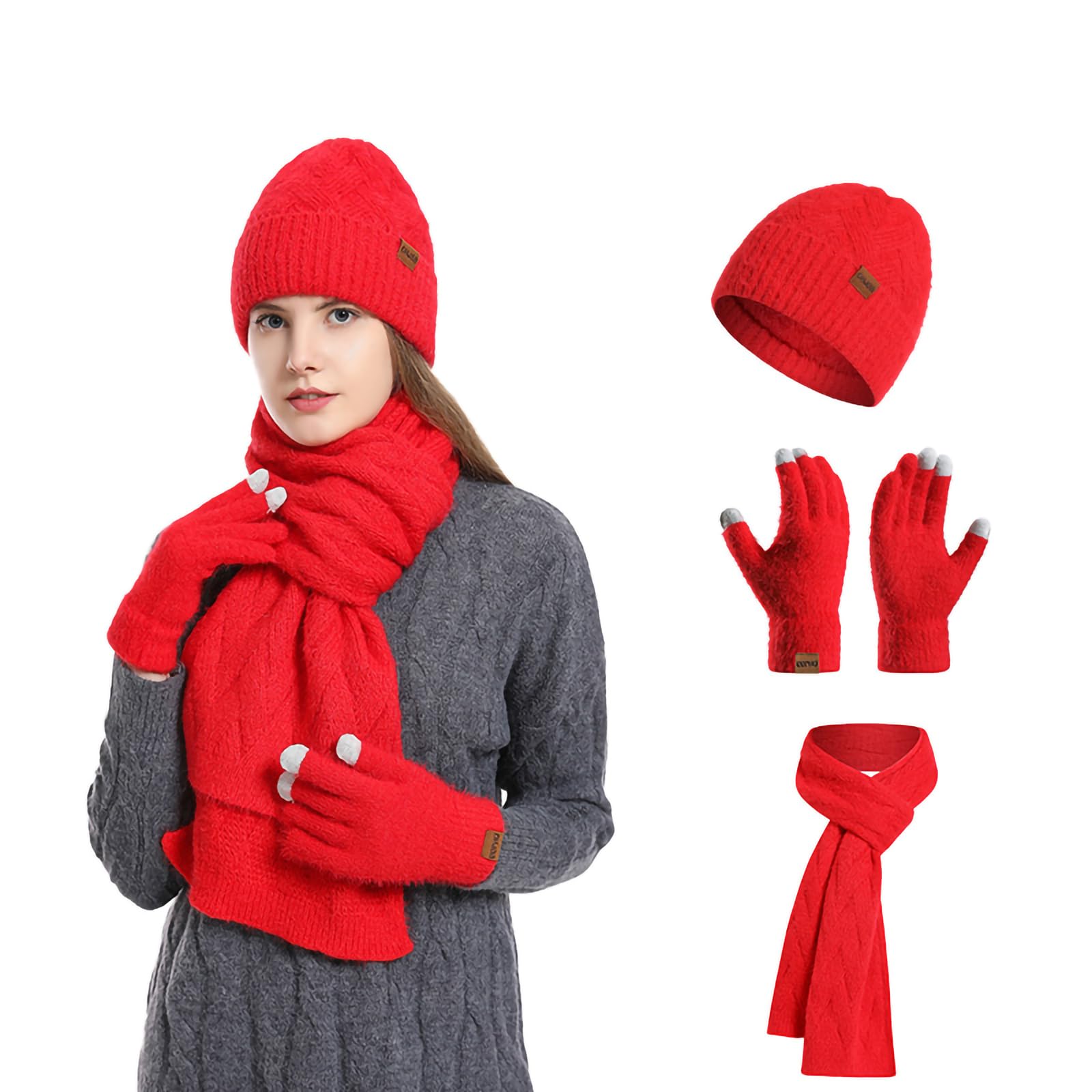 Irzaki Hat Scarf and Gloves Set Ladies Winter Beanie with Fleece Lined Thermal Long Scarf Fingers Touchscreen Gloves 3 in 1 Cold Weather Gift Set