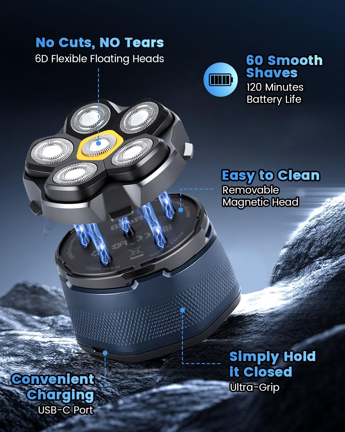 Maquinilla de afeitar calva para hombre, cabeza flexible 6D, afeitadora eléctrica para cabeza y barba para calvicie, impermeable, húmedo y seco, cargador rápido USB-C, cortador de calvicie ergonómico
