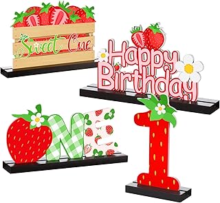 4 Pcs Strawberry One Letter Sign Table Centerpieces Berry Sweet One Birthday Party Decorations Strawberry Party Decorations for Baby Girls Summer Fruit Milestone Baby Shower First Party Decorations