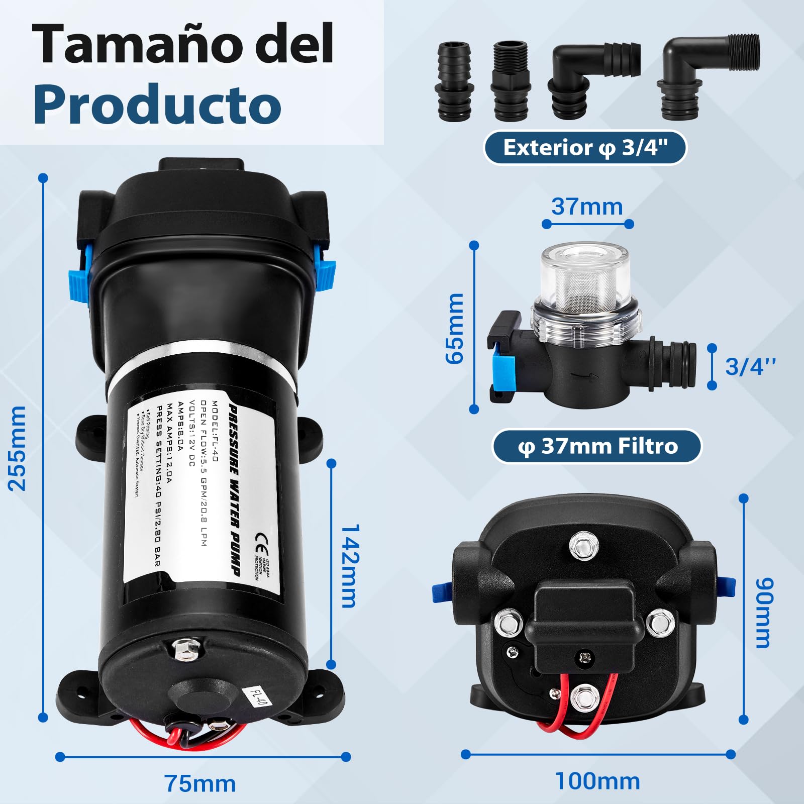 Bomba de Agua 12V para Autocaravanas con Filtro de Malla, Bomba de Membrana 20,8 LPM, Presión de Servicio 40 PSI, Potencia 180 W, Corriente 12 A, para Caravanas y Jardines