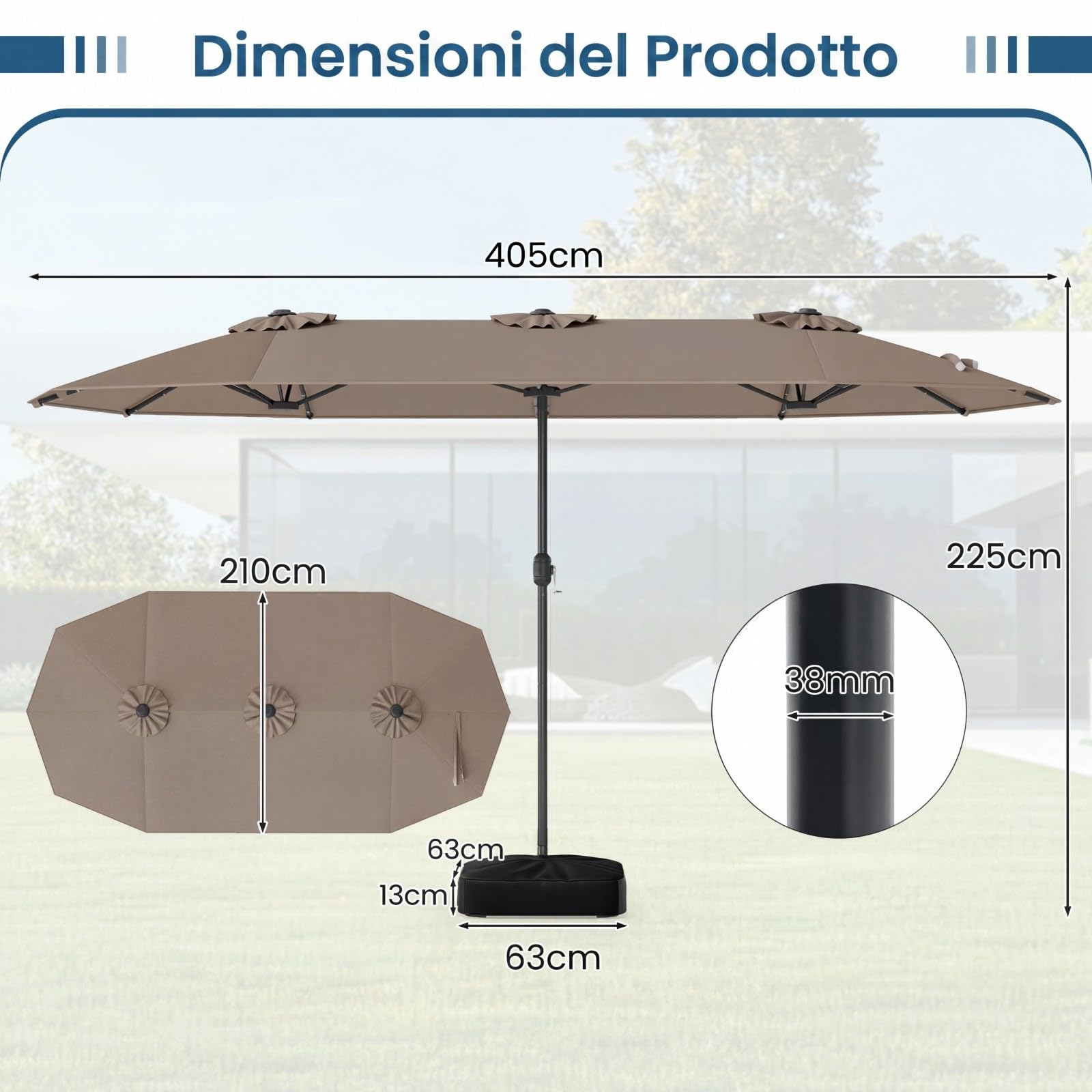COSTWAY Ombrellone da Giardino Doppio 400 x 200 cm, con 36 Luci LED Solari, Manovella 12 Stecche, Base, Anti-UV, Rettangolare, per Giardino Piscina Cortile (Caffè)