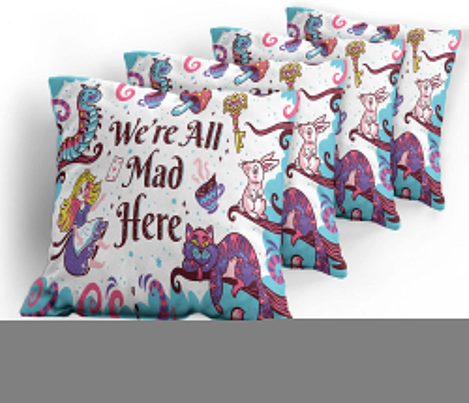 Ambesonne Alice in Wonderland Decorative Throw Pillow Case Pack of 4, We are All Mad Here Words with Caterpillar White Rabbit Cheshire Cat, Cushion Cover for Couch Living Room Car, 16", Purple Blue
