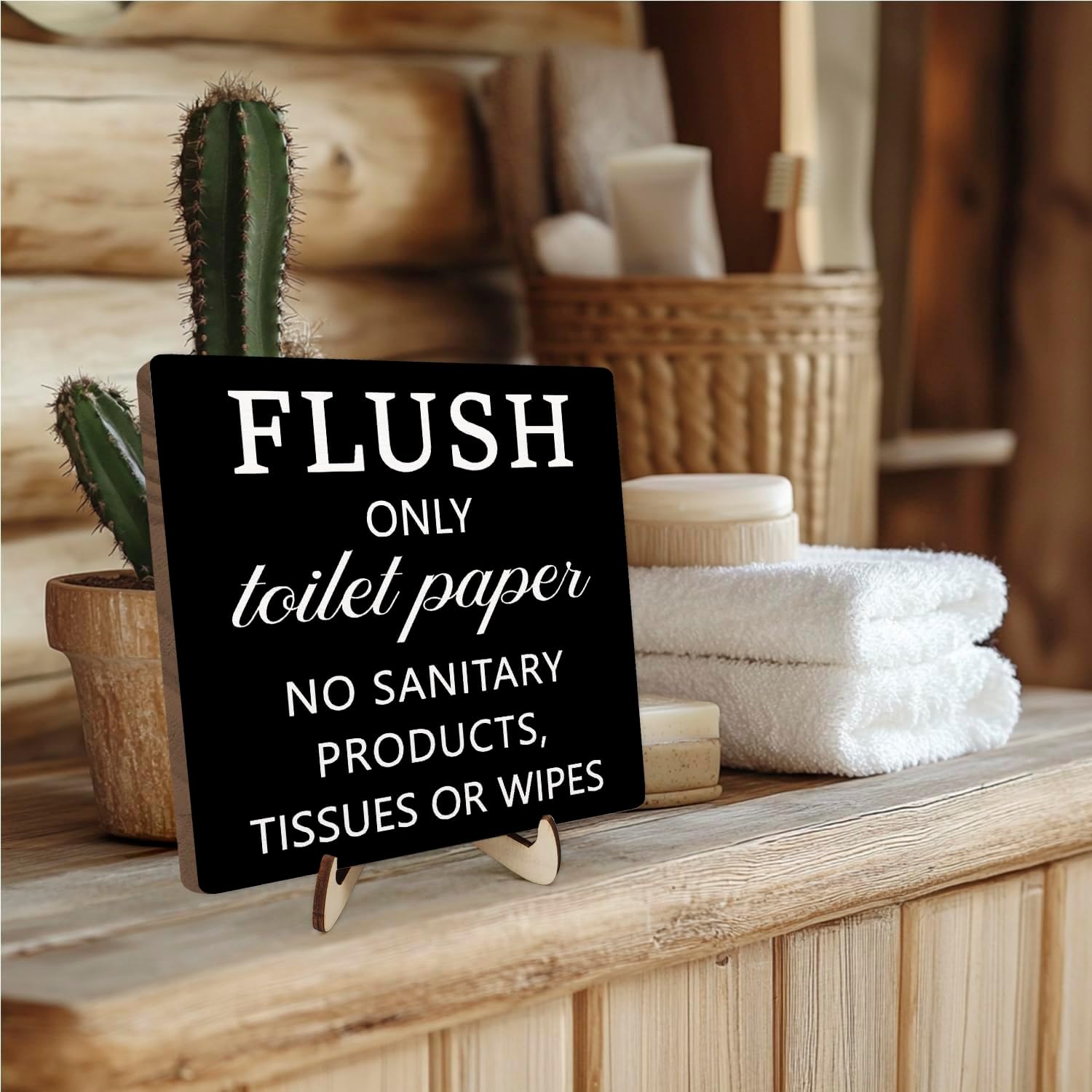Wooden Plaque Sign, Please Flush This is Not Show and Tell, 5.9 x 5.9 x 0.32 Inch, Decorative Signs, Wooden Plaque, Humor, Tabletop Mount, Retro image 3