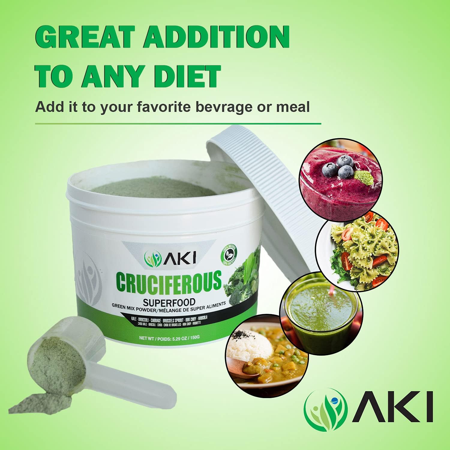 AKI Natural Cruciferous Superfood Blend Powder Made of Kale, Broccoli, Cabbage, Brussels Sprout, Bok Choy, Arugula, Ideal to Boost Greens Veggie Smoothie Supplements Vitamins Phytonutrient 5.3oz/ 150G : Health & Household