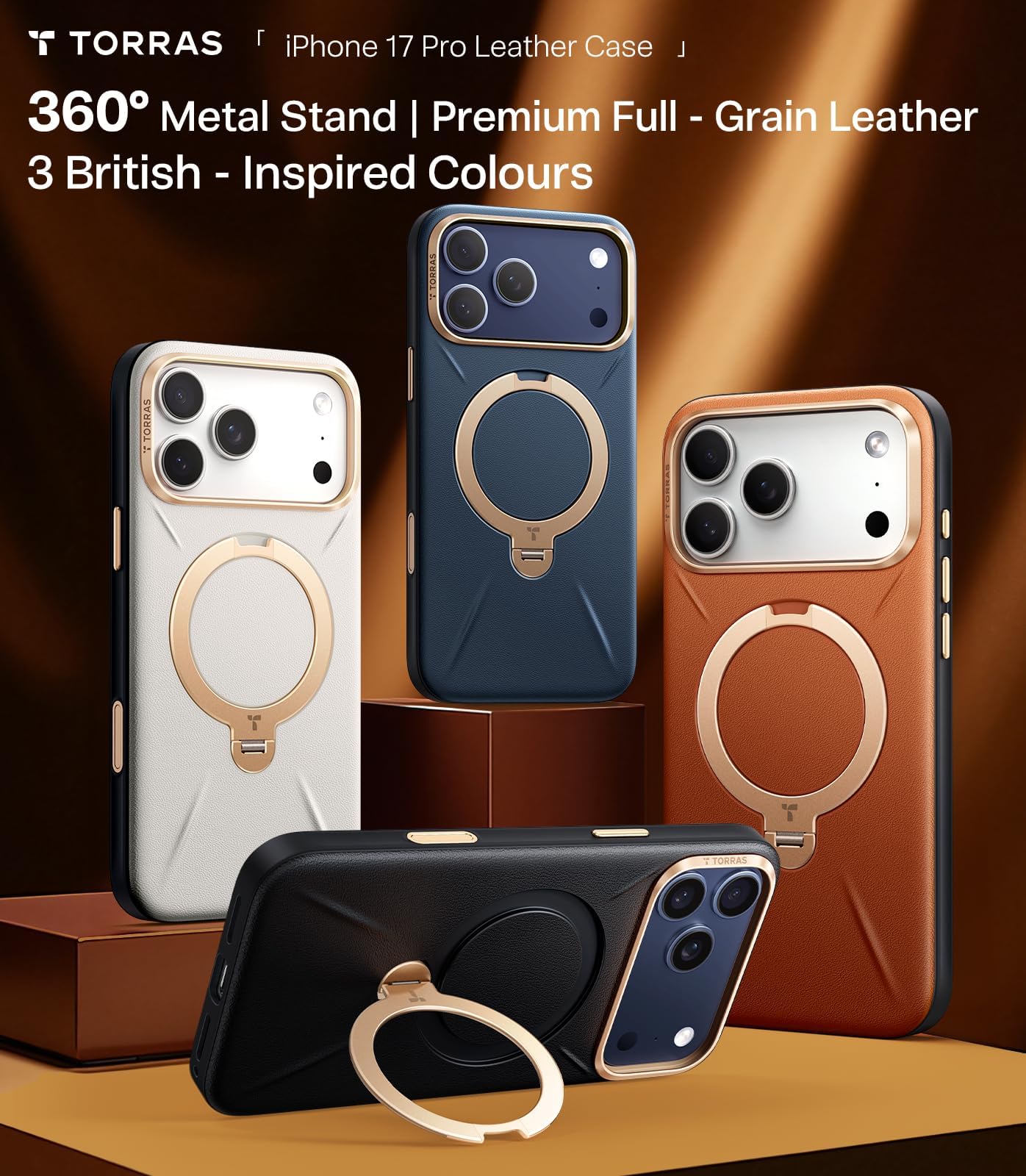 TORRAS Ostand Q3 VegSkin Cover per iPhone 17 Pro, Custodia Ostand Q3 VegSkin in Pelle di Silicone Sostenibile, Supporto Magnetico Invisibile a 360°, Pelle di Alta Qualità, Ultra Sottile, Marrone