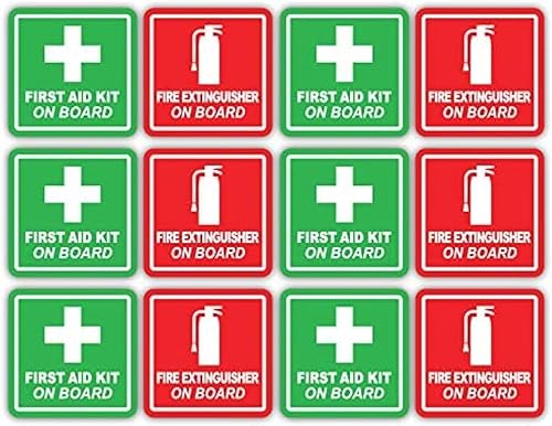 (6 de cada uno) 3M - Extintor reflectante rojo y kit de primeros auxilios verdes a bordo calcomanías de entrenamiento de seguridad industrial (2 x 2