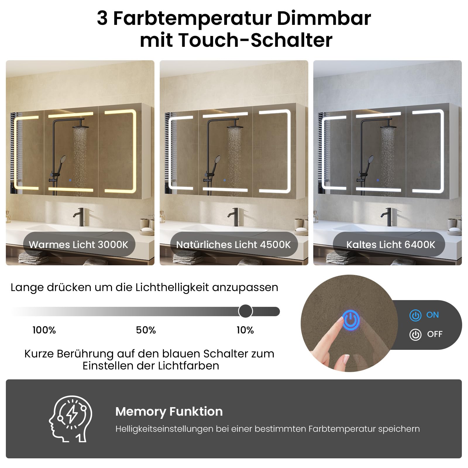 DICTAC Specchio Bagno Contenitore con Luce e Presa Elettrica Mobile Bagno da parete con 3 Ante Specchio e 3 Ripiano Regolabile, Armadietto Specchio Bagno con illuminazione,100 x 60 x 16cm,Bianco