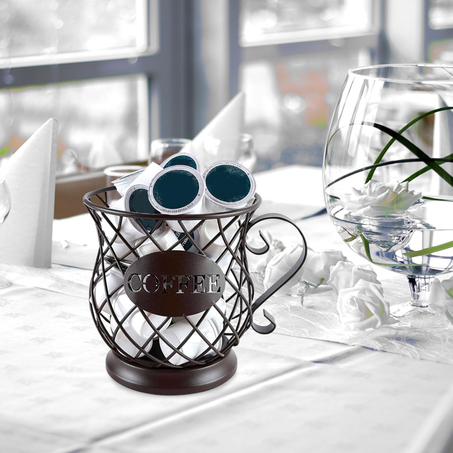 Uonlytech Metal Coffee Pod Holder Cup Storage Organizer Basket Classic Brown Coffee Capsule Cup for Counter and Office Large Capacity Multi-use Accessory