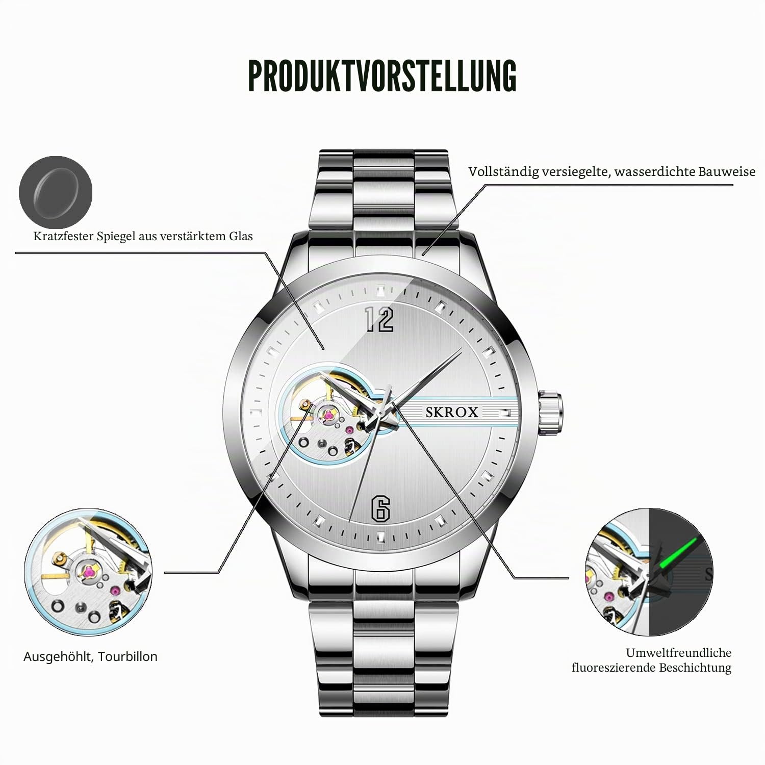 FORSINING Mechanische Tourbillon-Herren-Armbanduhr, Automatik-Armbanduhr mit Edelstahlarmband, 4-silber, Mechanisch