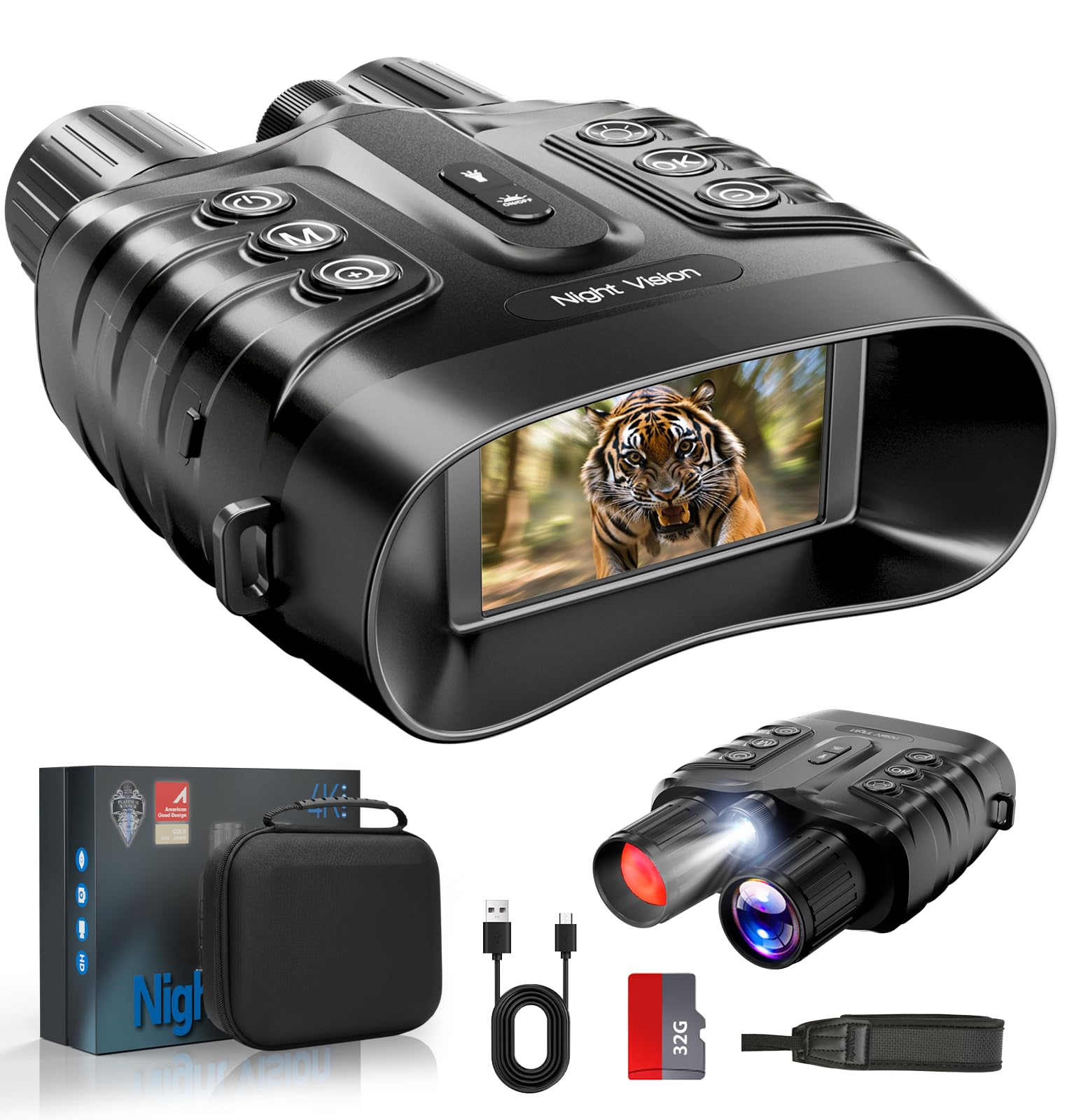 Jumelle Vision Nocturne 4K 48MP, 10 000 mAh Rechargeable, f/1.4 Grande Ouverture Jumelles Infrarouge, Portée de Vision 600M, 3" HD Écran, Zoom Numérique 8X avec Carte TF 32 Go
