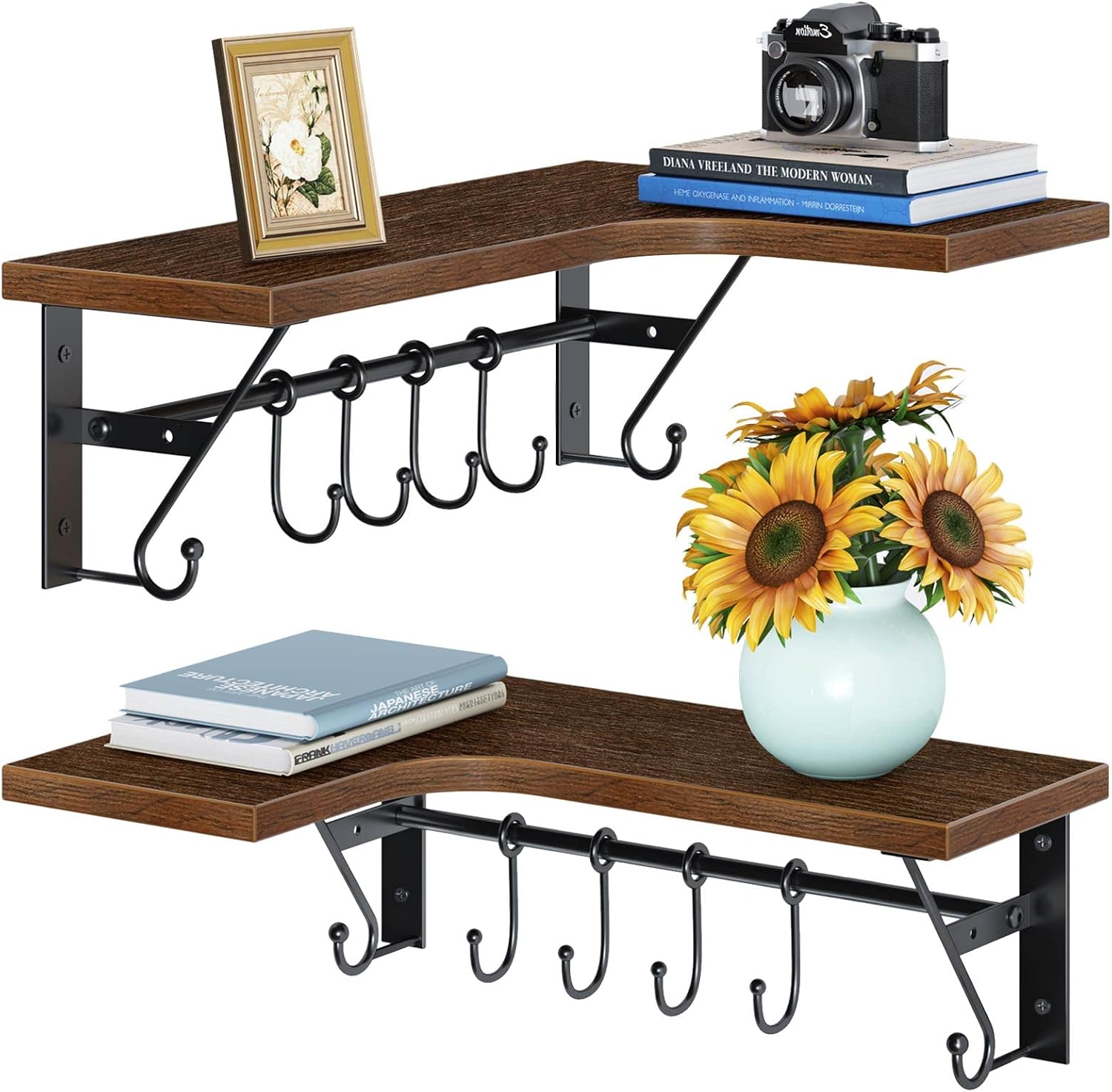 GREENSTELL Floating Shelves Wall Mounted,15.75 Inch Wood Corner Wall Shelves Set of 2 with Adjustable Towel Holders & 8 Hooks,Dark Brown Rustic Storage Floating Shelf for Bathroom,Living Room,Kitchen
