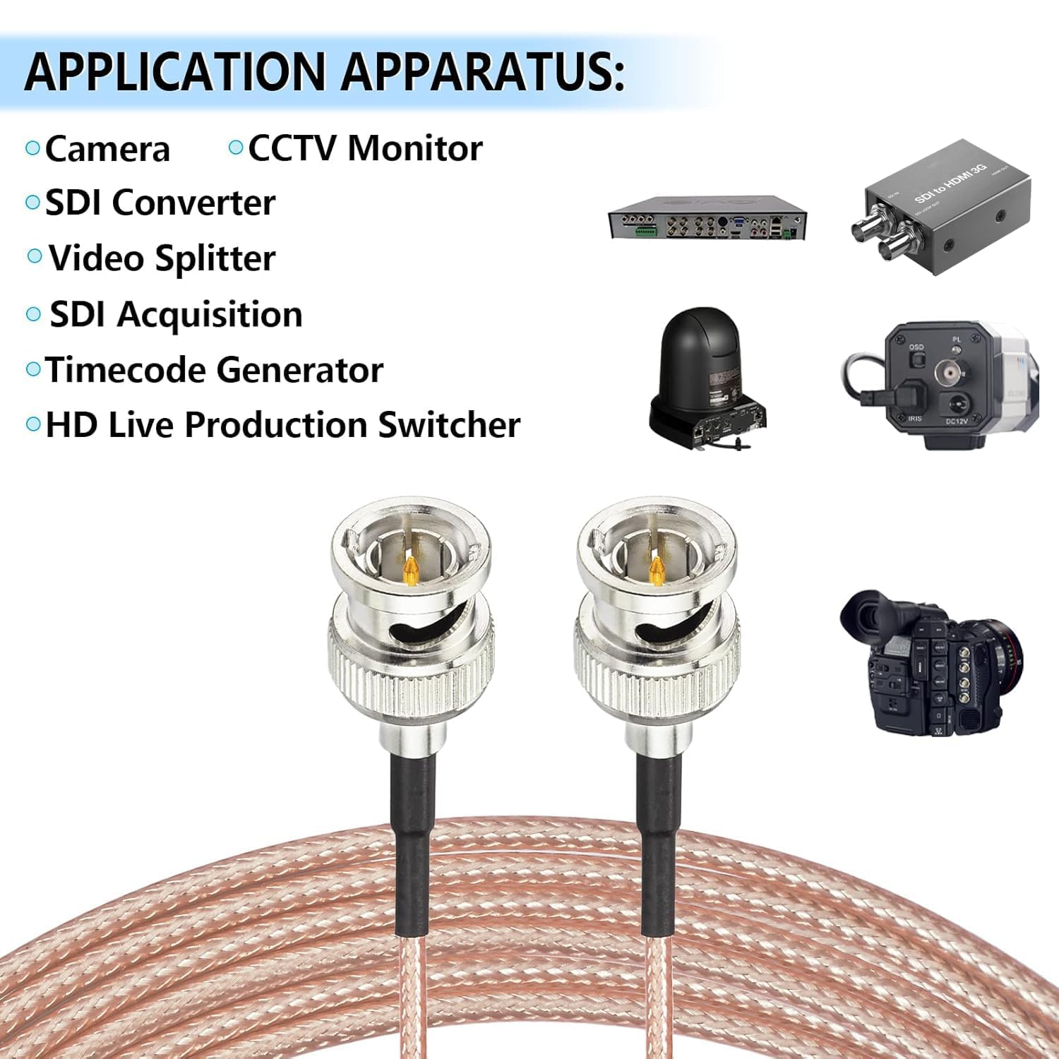 Câble SDI 3G RG179D Double Blindé - 2m, BNC Mâle/mâle 75 Ohm - Pour Caméras Et Moniteurs HD/4K/8K