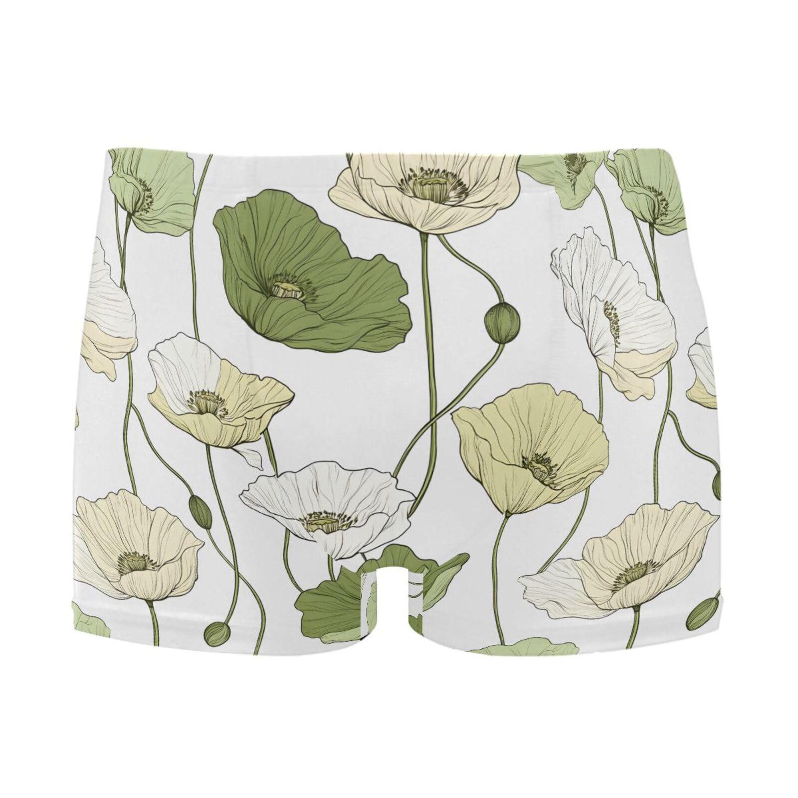 Mens Swimwear Green and Beige Poppies Short Swim Trunks Square Lg Swimsuit Bathing Suits for Men L 202b9088