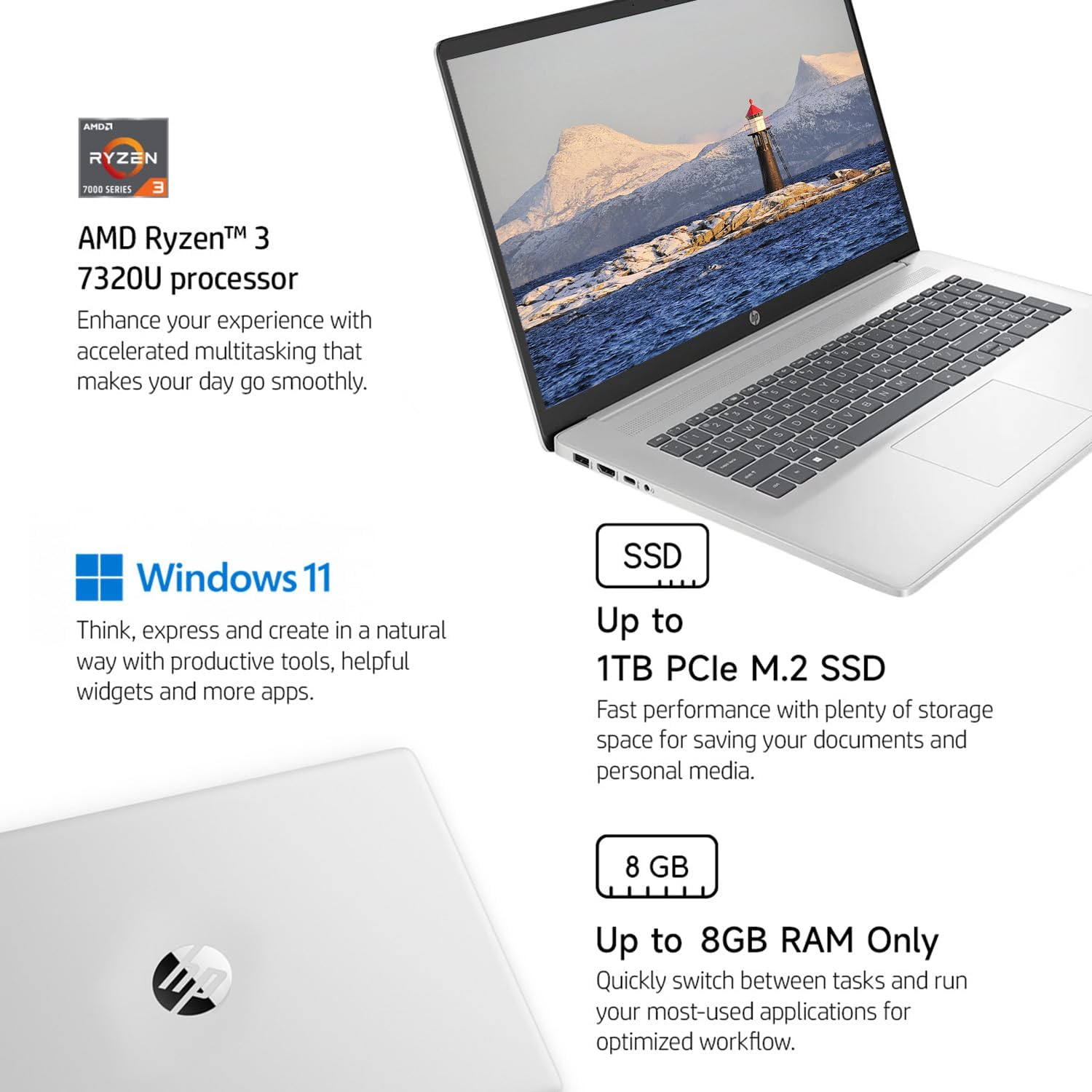 HP Essential Laptop, 17.3" HD+ (1600 x 900) Touchscreen, AMD Ryzen 3 7320U, 8GB RAM, 512GB SSD, Bluetooth, USB Type-C, HDMI, Webcam, Numeric Keypad, Wi-Fi, Windows 11 Home, Silver