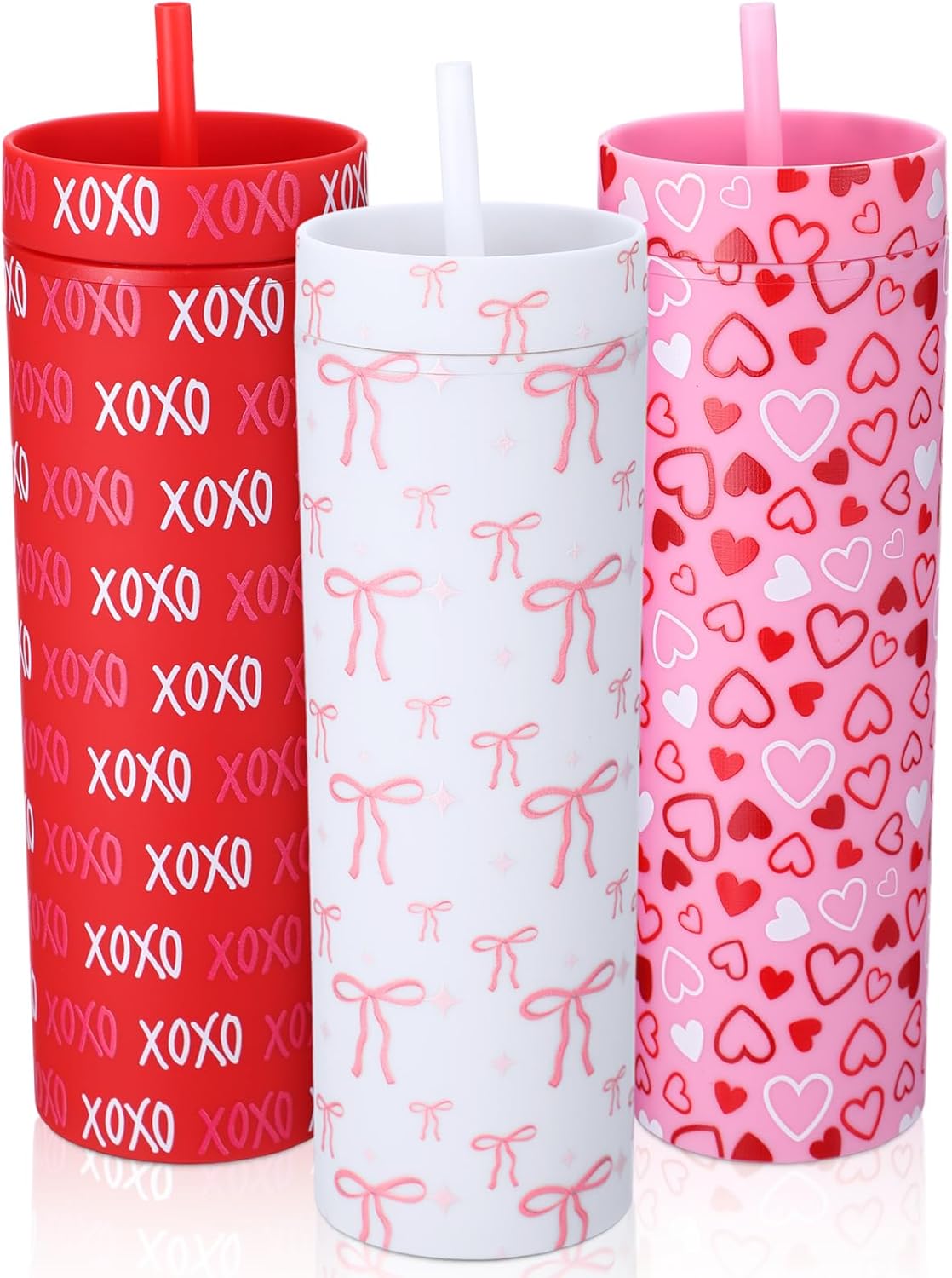 Honeydak 3 Pcs Valentines Tumbler Valentines Cups Gifts, 16oz Red White Pink Tumbler with Lid Straw Heart Bows Reusable Cups Plastic Travel Mugs for Women Galentines Wedding Anniversary Birthday