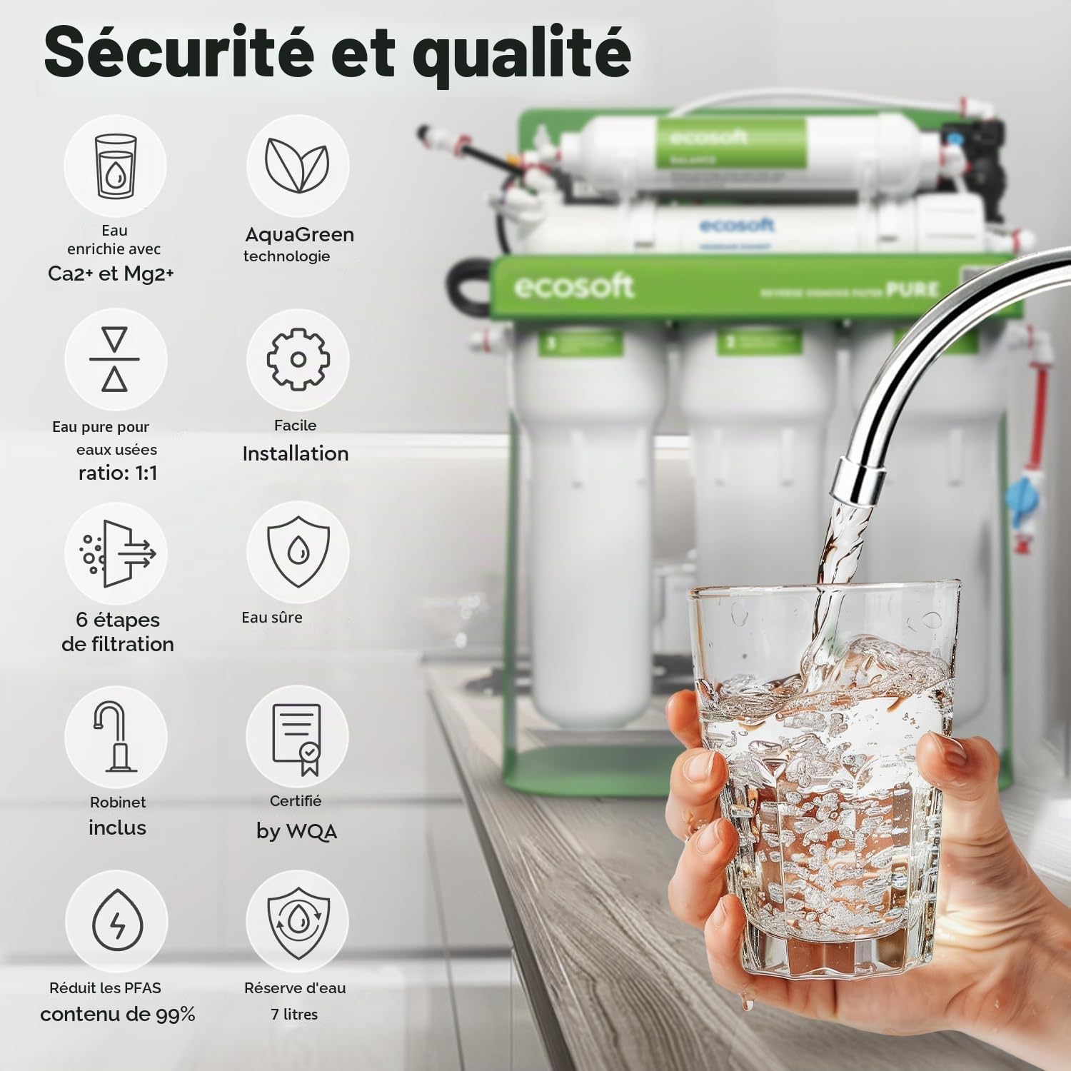 Ecosoft P’URE Balance avec pompe | filtre à osmose inverse directe | 5 étapes de filtration | filtration sur châssis métallique | système d’eau potable pour maison | enrichi en minéraux