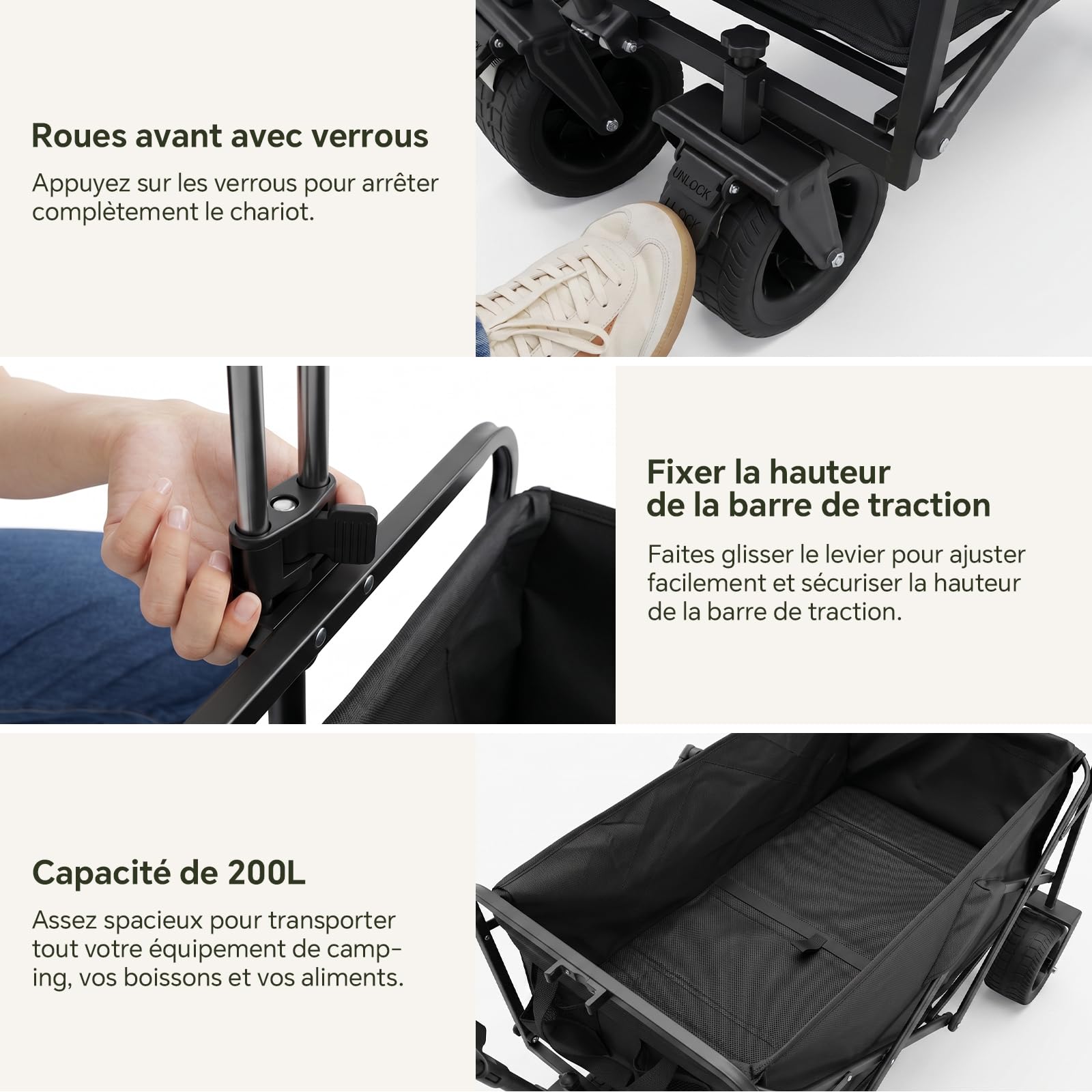 Chariot Pliable 200L 160 kg, Chariot de Plage Pliable à Pneus Larges, 84x48x100cm,Roues Tout-Terrain à 360°, Chariot à Main pour Camping, Courses, Chiens, Jardin et Plage