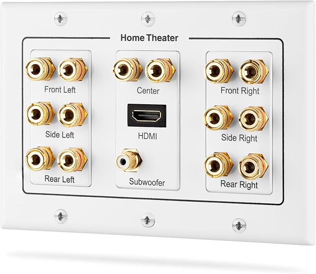 Fosmon HD8006 3-Gang 7.1 Surround Distribution Home Theater Gold Plated Copper Banana Binding Post Coupler Type Wall Plate for 7 Speakers, 1 RCA Jack for Subwoofer & 1 HDMI Port