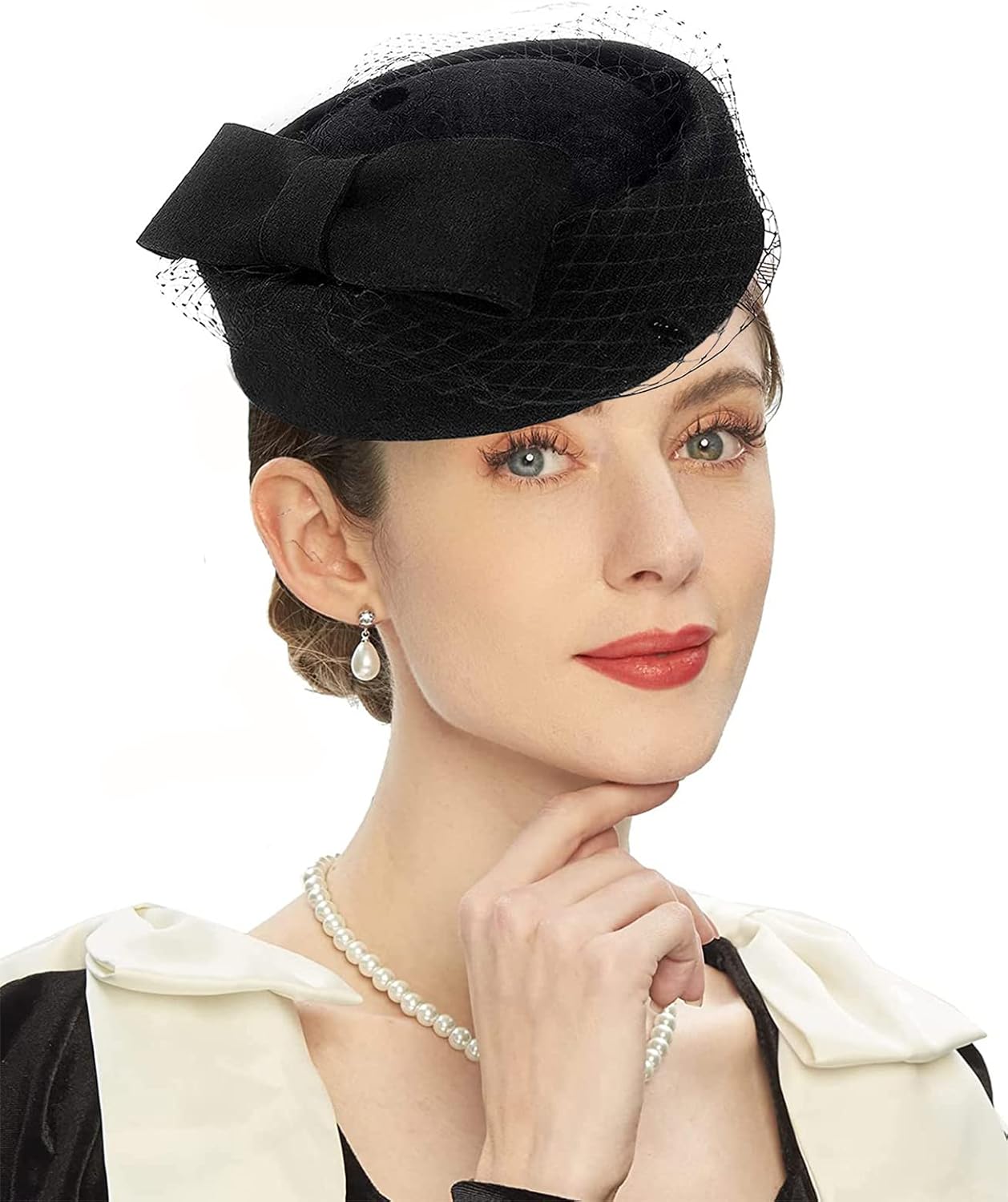 Women's Vintage 100% Wool Felt Cloche Bucket Bowler Hat Winter Vintage Bow Fedoras Church Fascinator