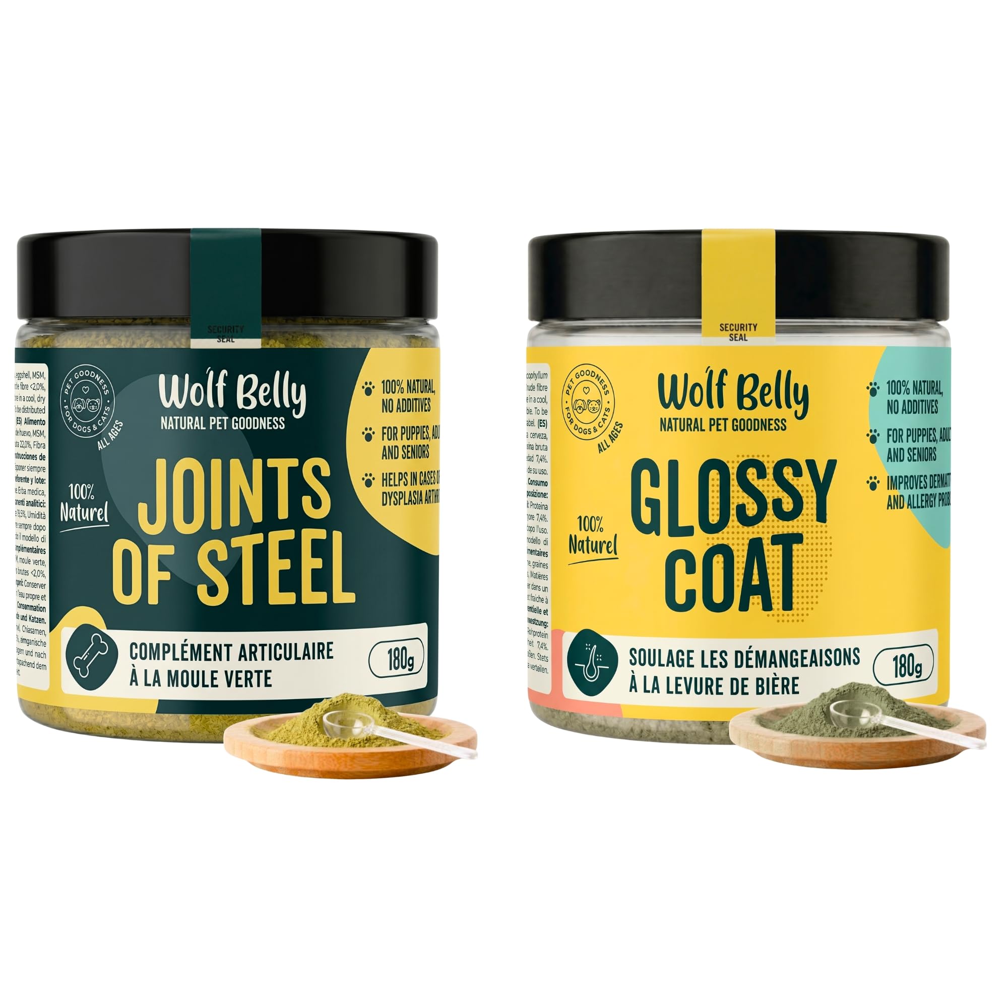 Wolf Belly - Pack Complément Articulations et Peau 100% Naturel (180 g) | Chondroprotecteur + Anti-démangeaisons | pour Chiens et Chats | Format en Poudre - Fabriqué en UE